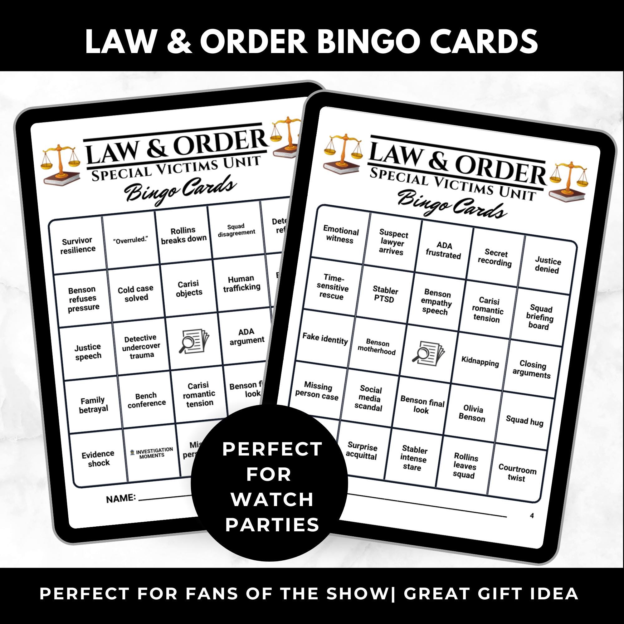 Law & Order Bingo Cards Printable – Adult Watch Party Game, Crime TV Show Binge Night, Detective Drama Party Game, Instant Download