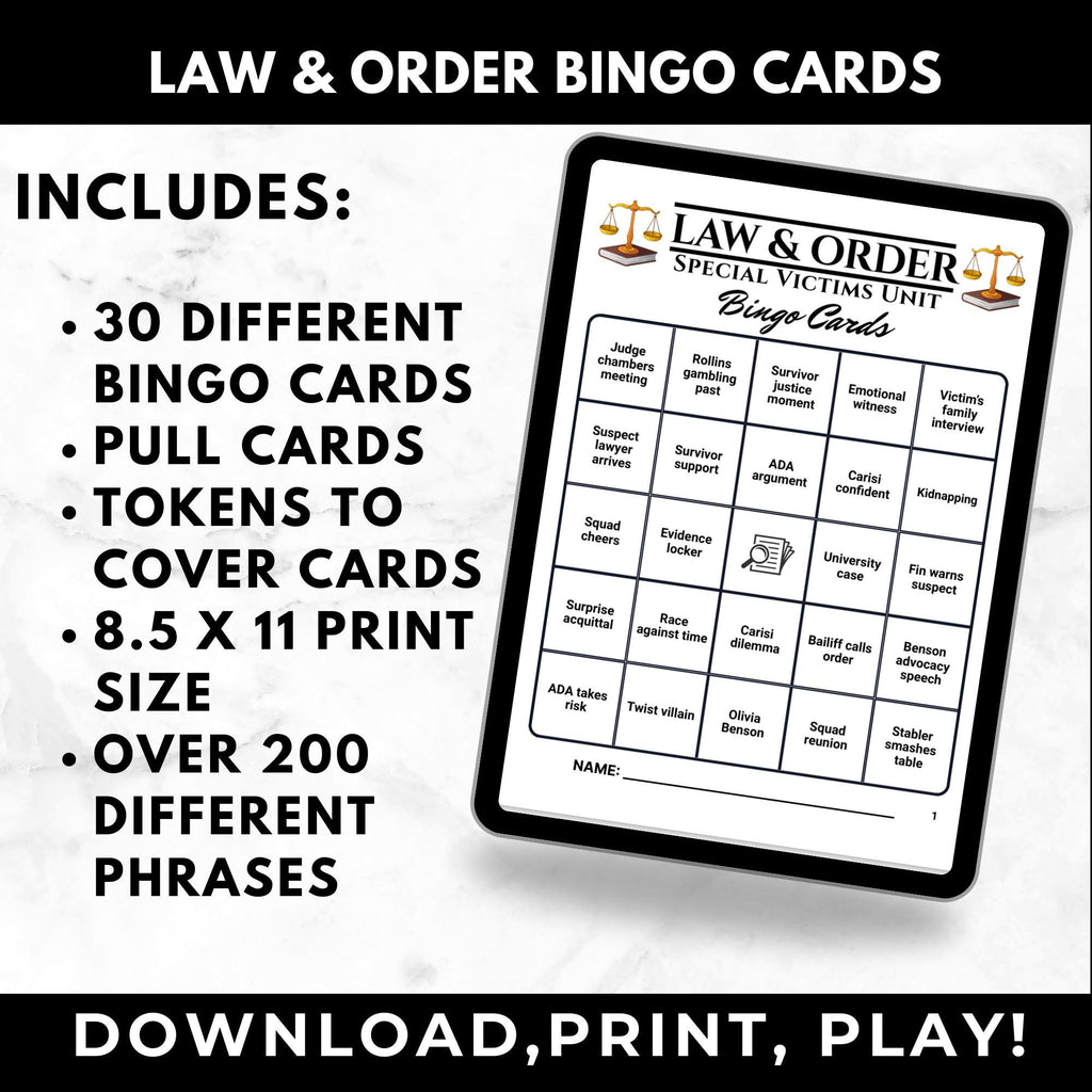 Law & Order Bingo Cards Printable – Adult Watch Party Game, Crime TV Show Binge Night, Detective Drama Party Game, Instant Download