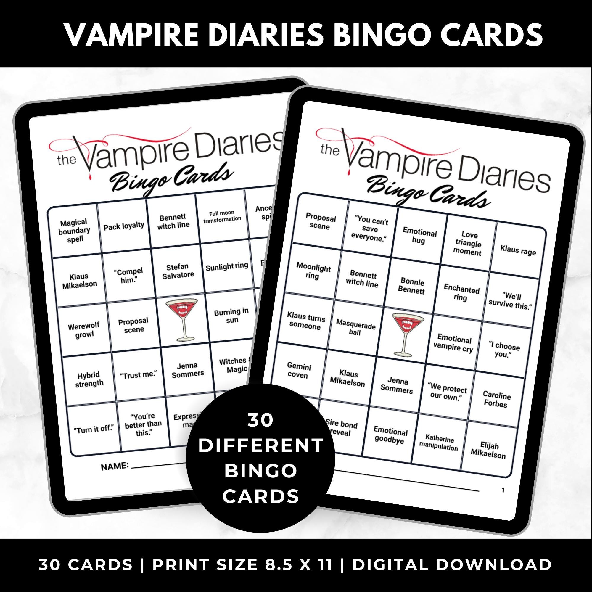 Vampire TV Show Bingo Cards Printable – Adult Watch Party Game, Supernatural TV Show Binge Night, Mystic Falls Party Game, Instant Download