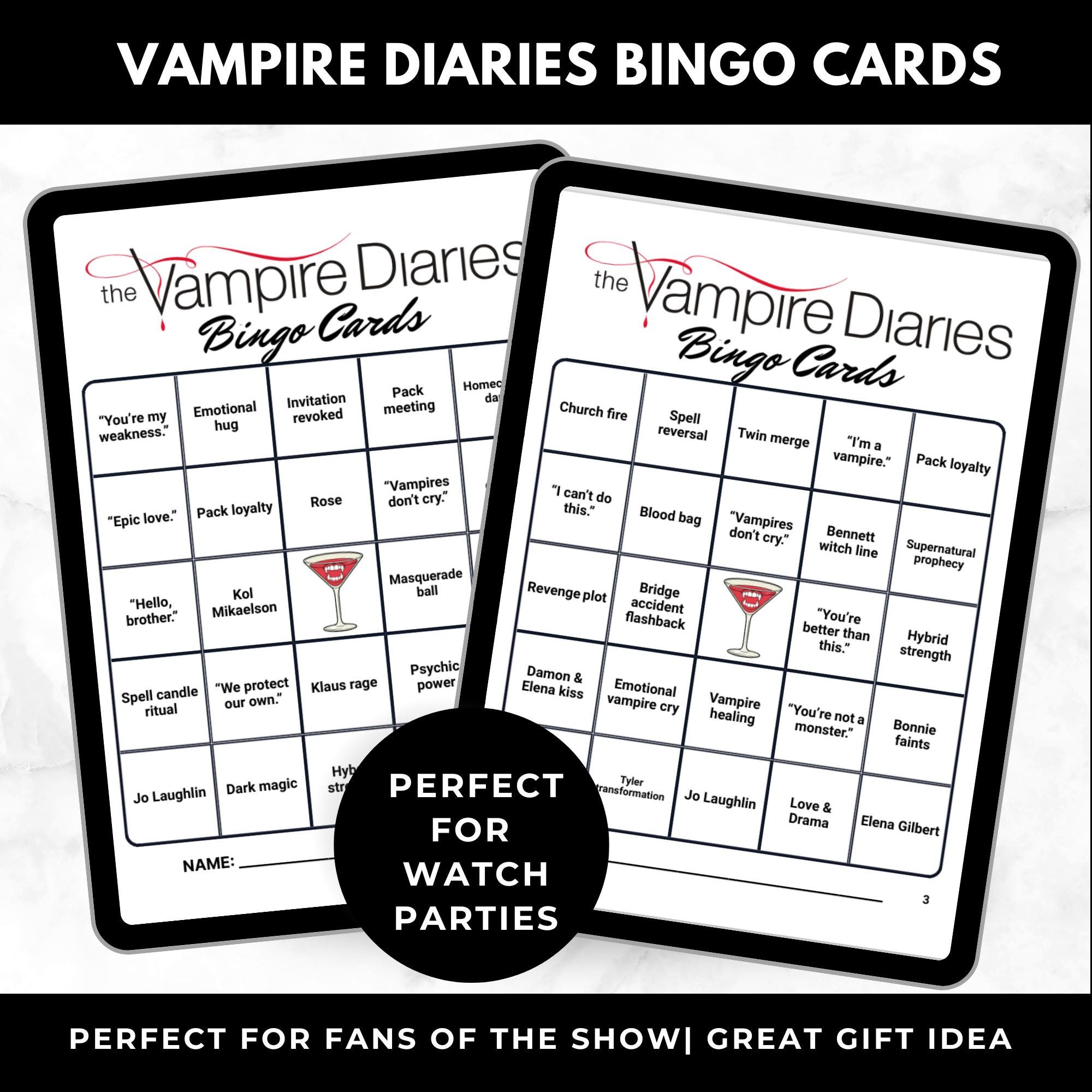 Vampire TV Show Bingo Cards Printable – Adult Watch Party Game, Supernatural TV Show Binge Night, Mystic Falls Party Game, Instant Download