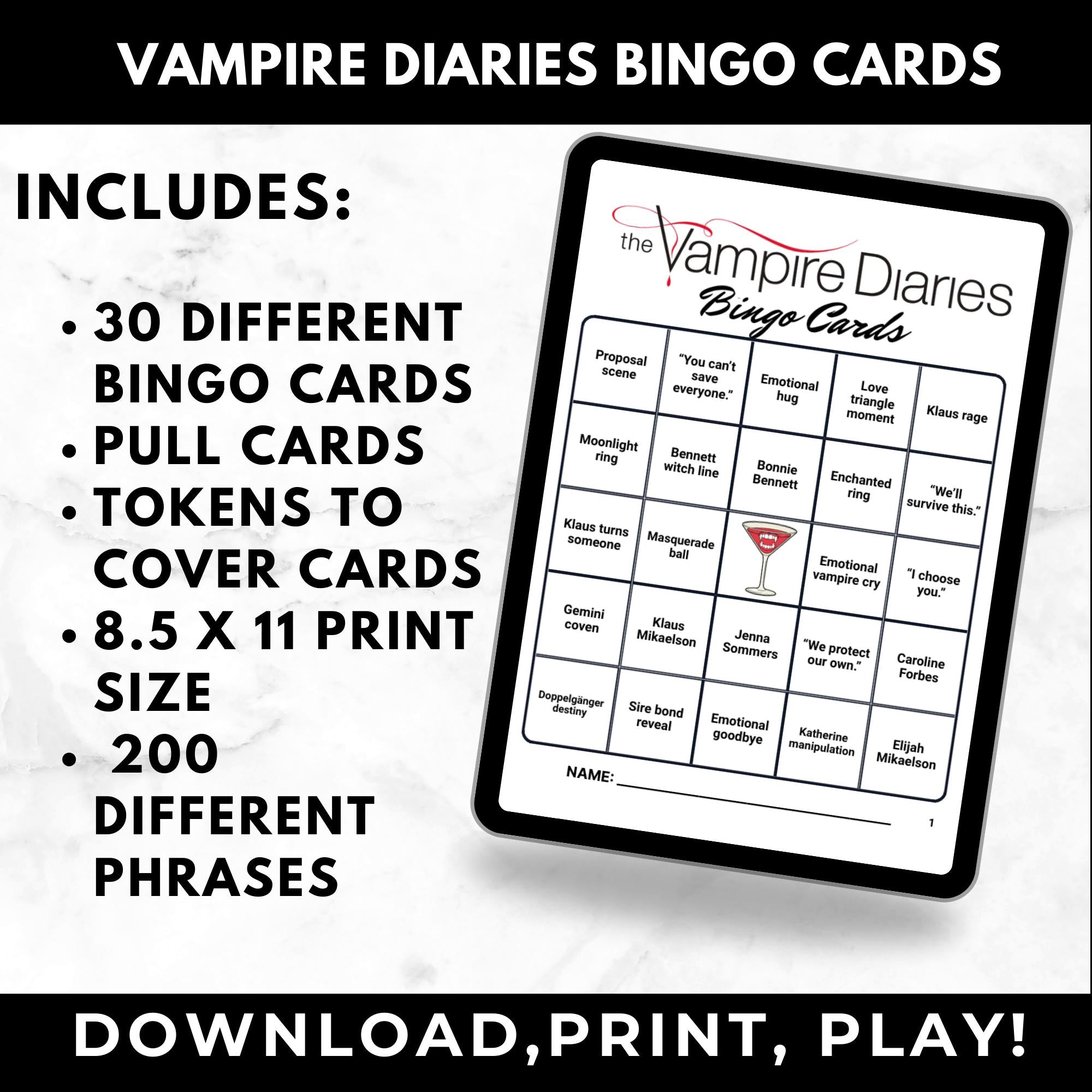 Vampire TV Show Bingo Cards Printable – Adult Watch Party Game, Supernatural TV Show Binge Night, Mystic Falls Party Game, Instant Download