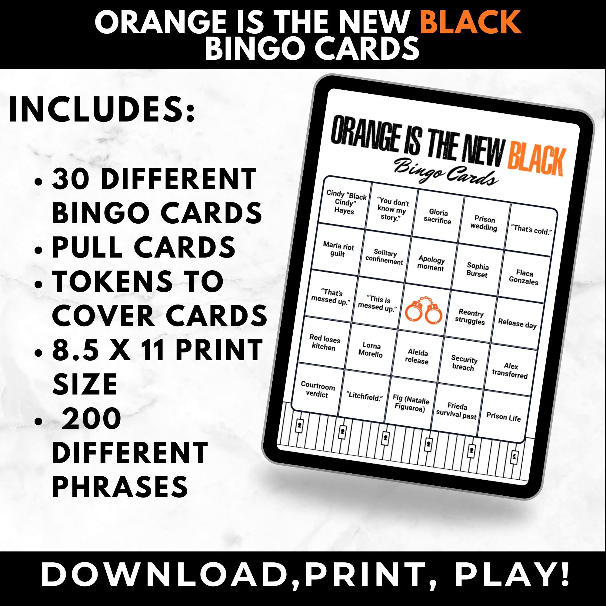 Prison TV Show Bingo Cards Printable – Adult Watch Party Game, OITNB Binge Night Party, TV Show Game, Instant Download