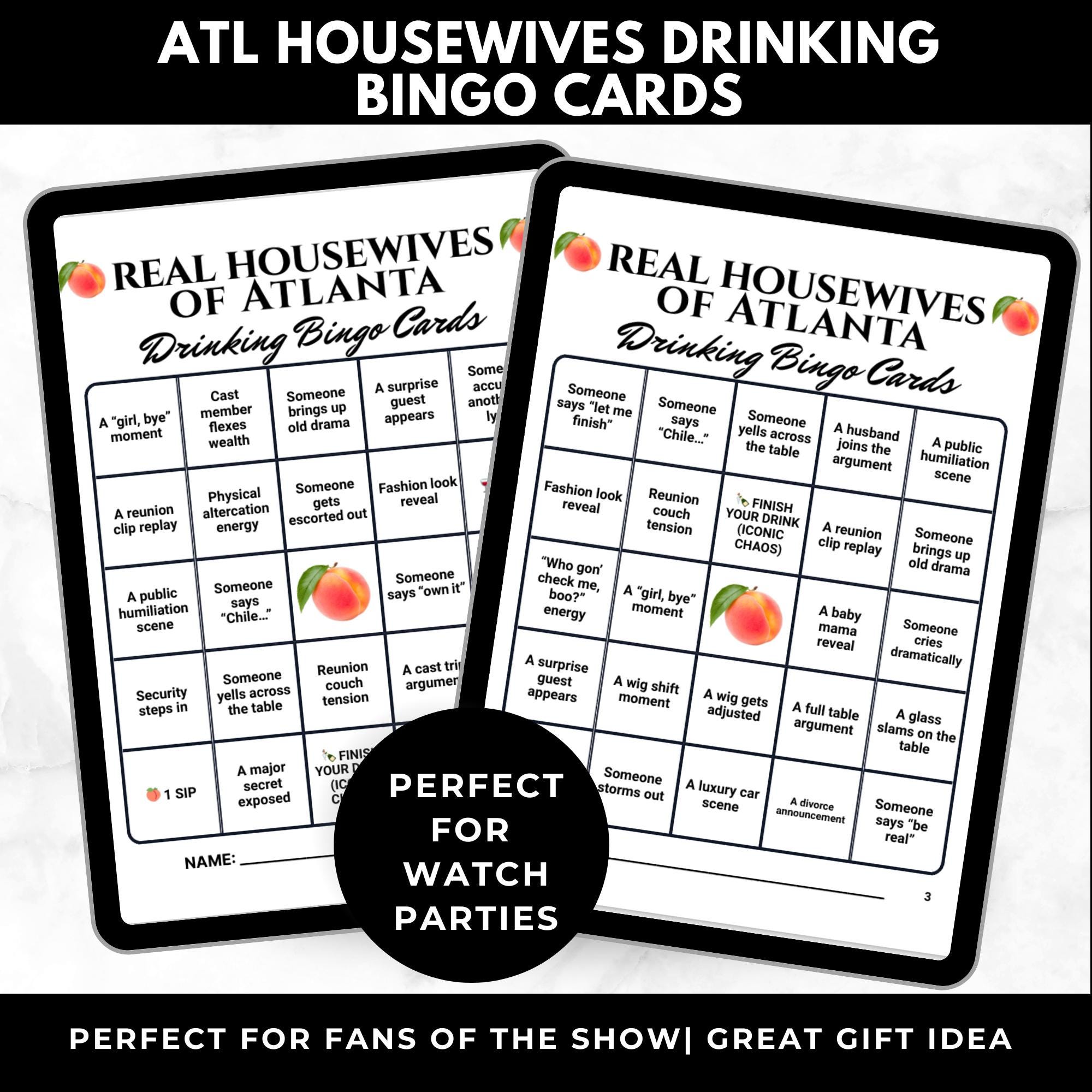Atlanta Housewives Drinking Game Bingo Cards Printable –Adult Watch Party Game, RHOA Girls Wine Night, Reality TV Binge Party