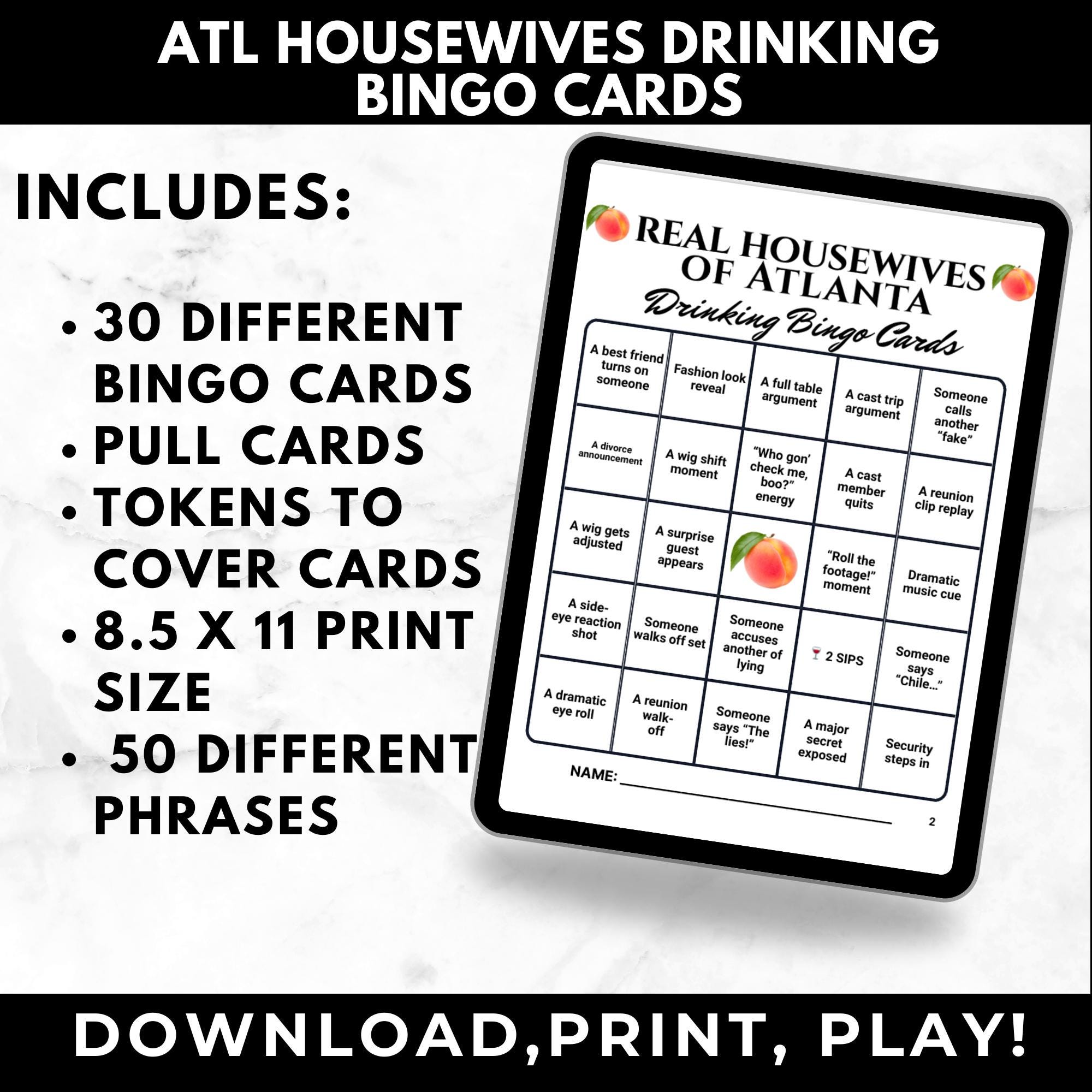 Atlanta Housewives Drinking Game Bingo Cards Printable –Adult Watch Party Game, RHOA Girls Wine Night, Reality TV Binge Party