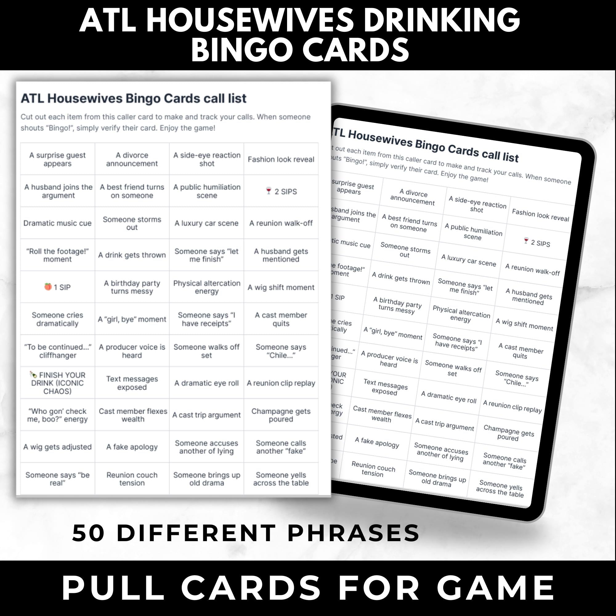 Atlanta Housewives Drinking Game Bingo Cards Printable –Adult Watch Party Game, RHOA Girls Wine Night, Reality TV Binge Party