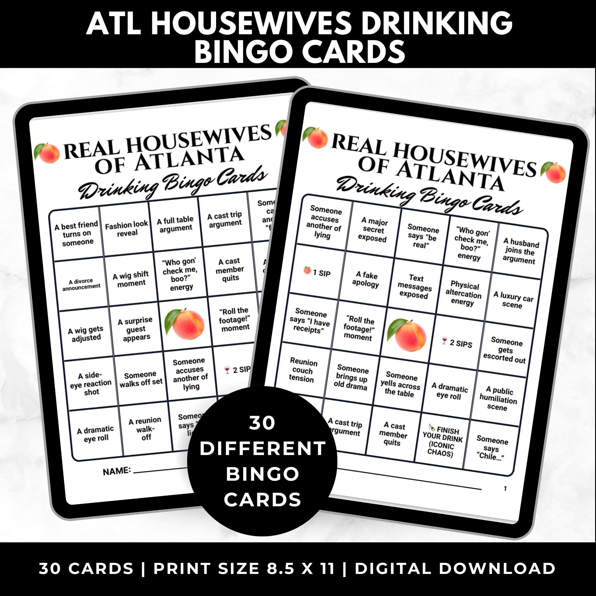 Atlanta Housewives Drinking Game Bingo Cards Printable –Adult Watch Party Game, RHOA Girls Wine Night, Reality TV Binge Party