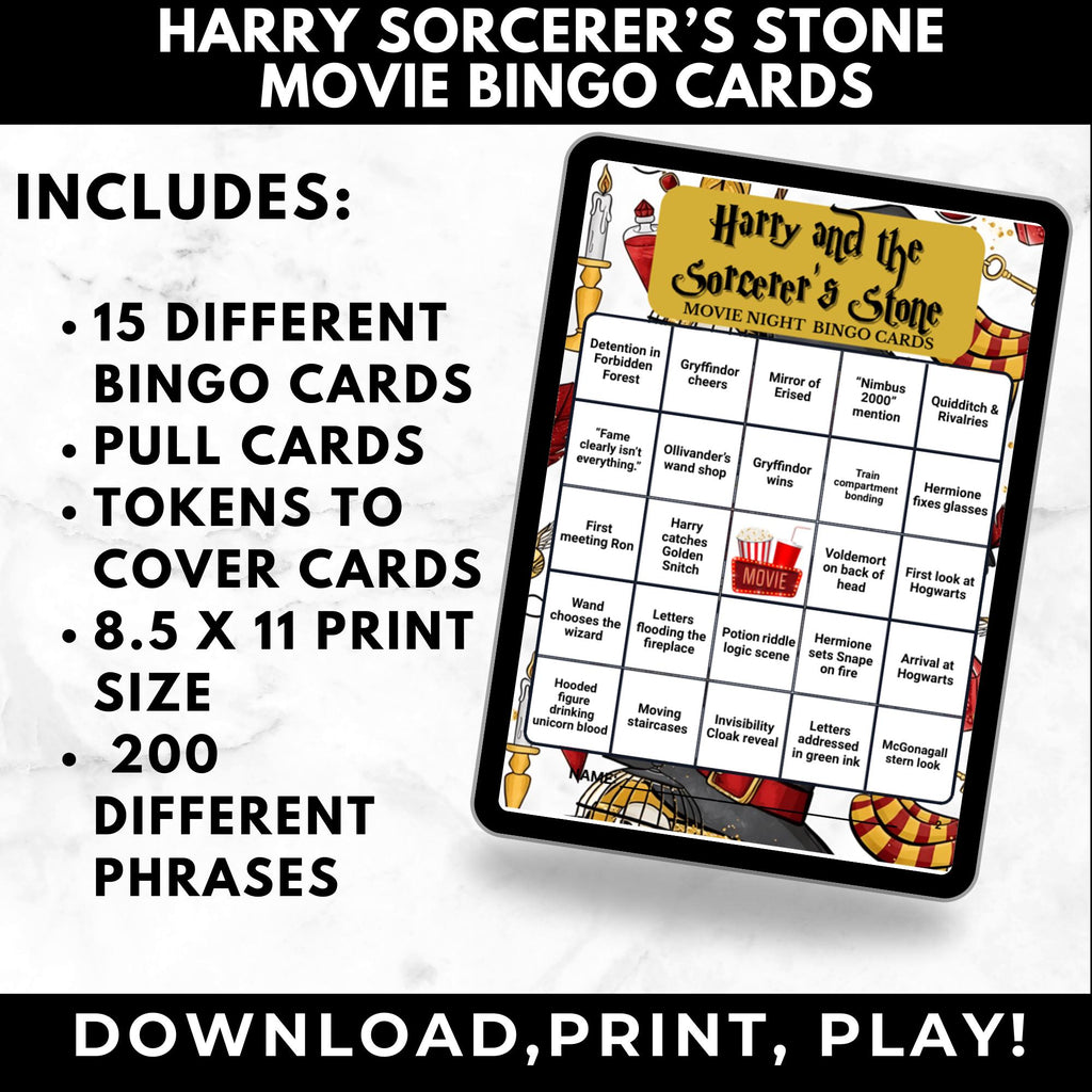 Wizard Movie Bingo Cards Printable – Sorcerer’s Stone Watch Party Game, Fantasy Movie Night Activity, Instant Download
