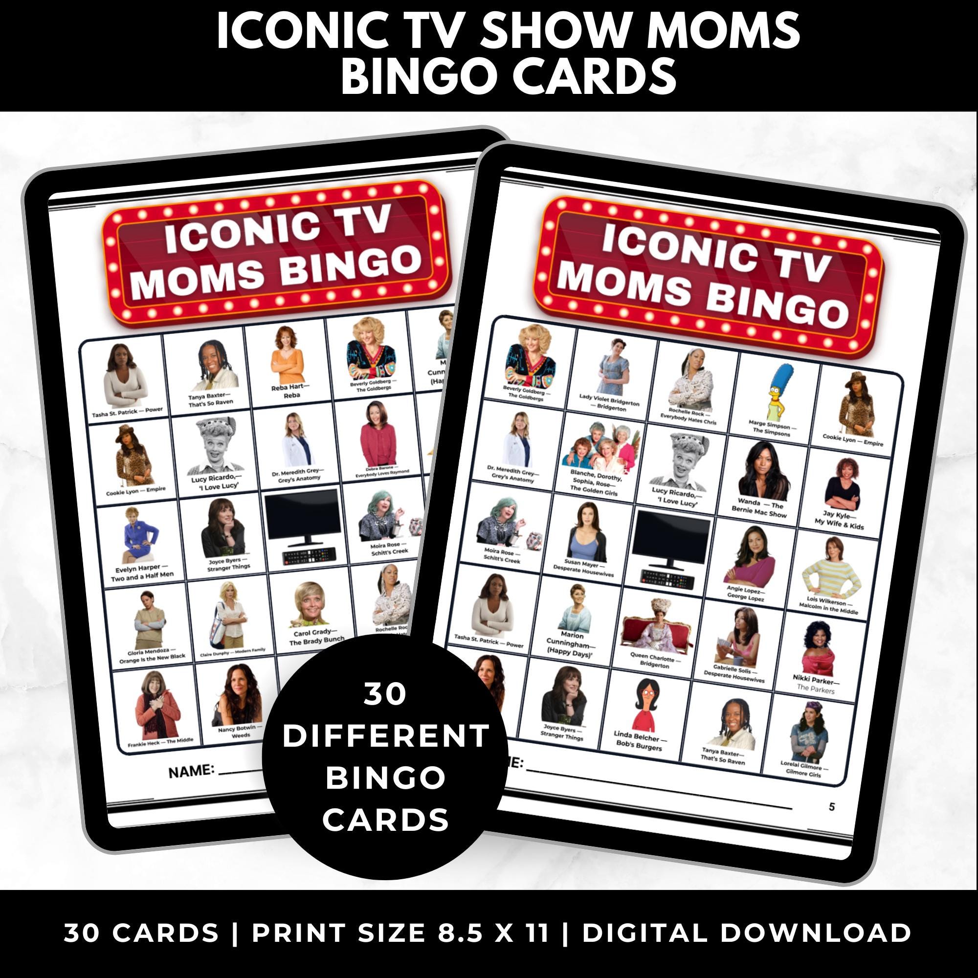 Iconic TV Show Moms Bingo Cards for Mother's Day Party Game for Adults | Mom Birthday Game