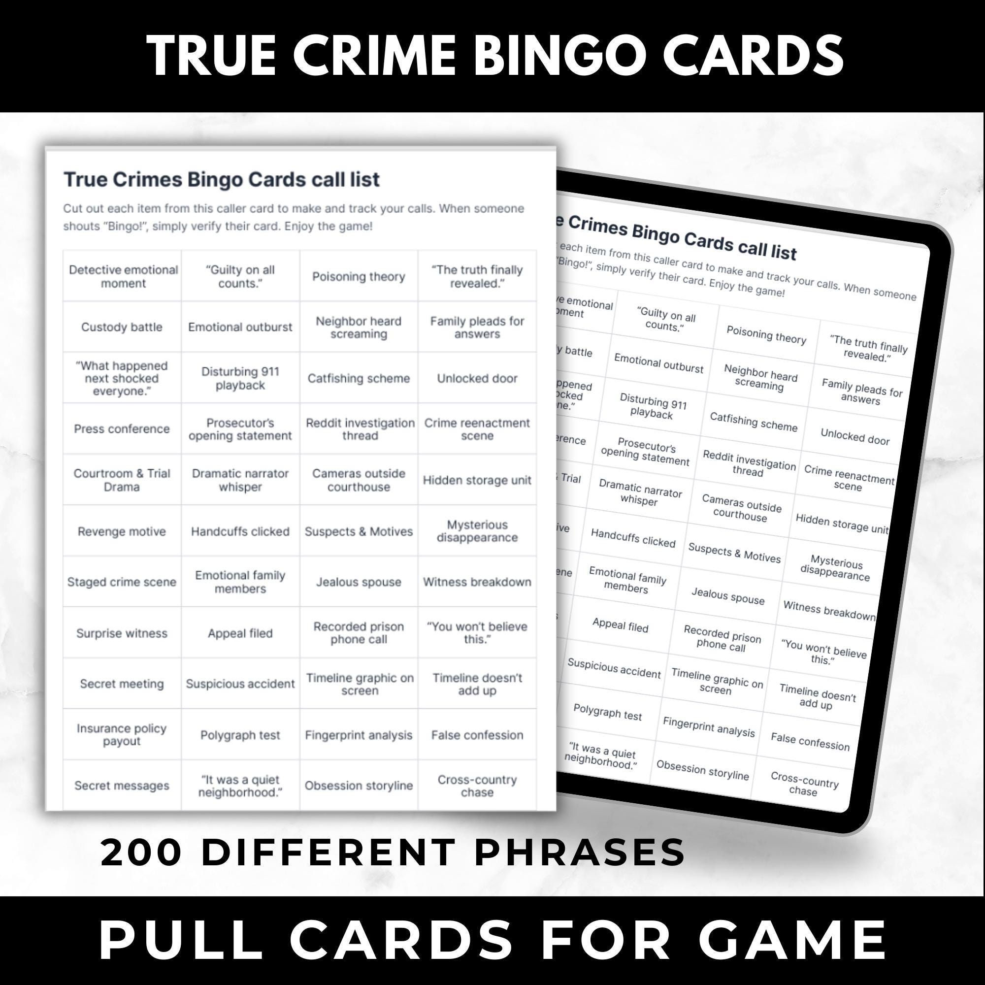 True Crime Bingo Cards Printable –Watch Party Game, Adult Girls Night Activity, Instant Download Crime TV Show Game