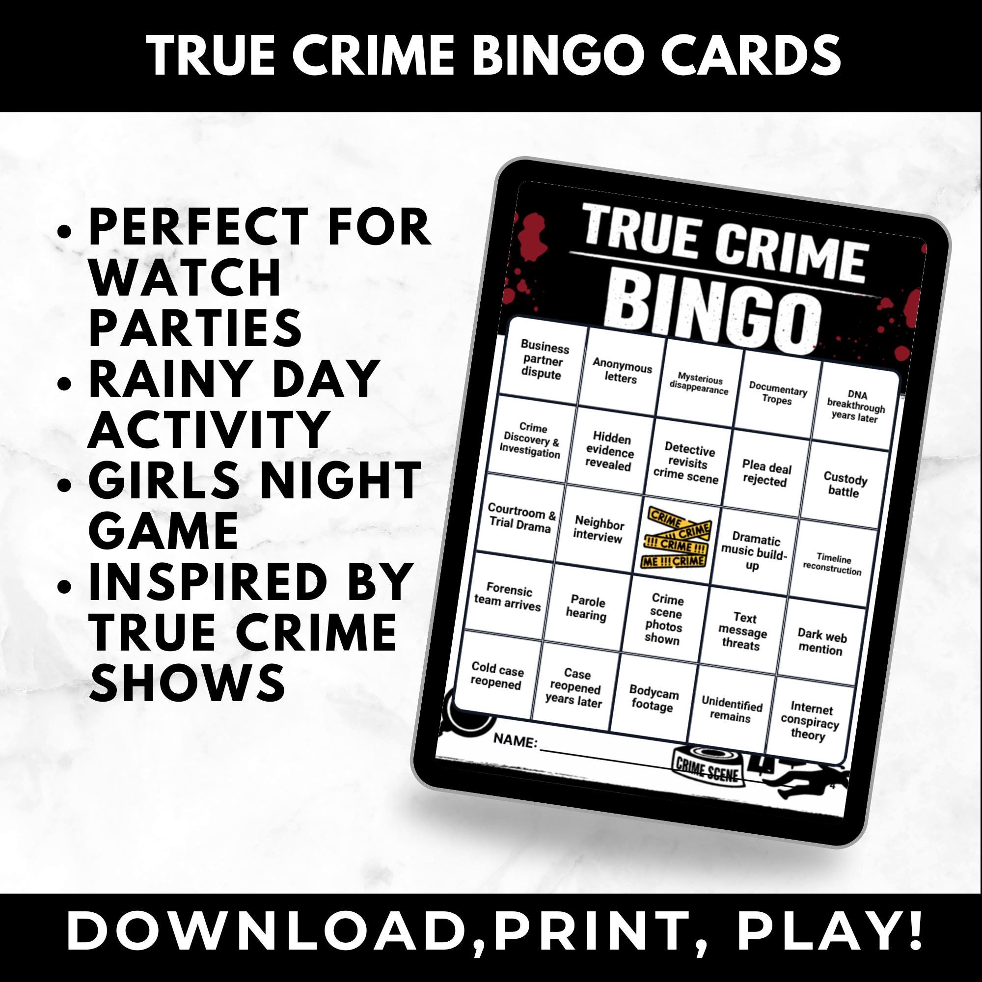 True Crime Bingo Cards Printable –Watch Party Game, Adult Girls Night Activity, Instant Download Crime TV Show Game