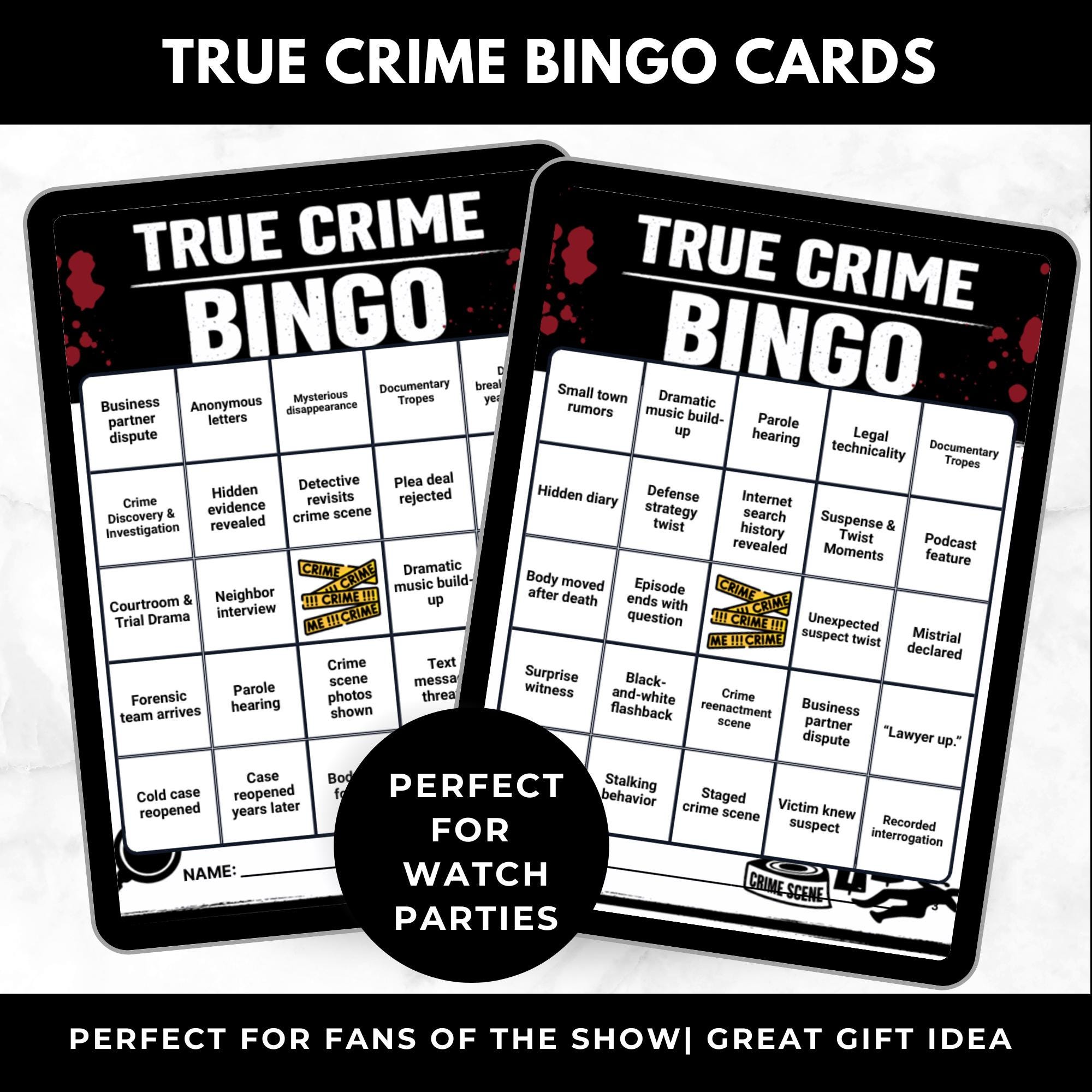 True Crime Bingo Cards Printable –Watch Party Game, Adult Girls Night Activity, Instant Download Crime TV Show Game