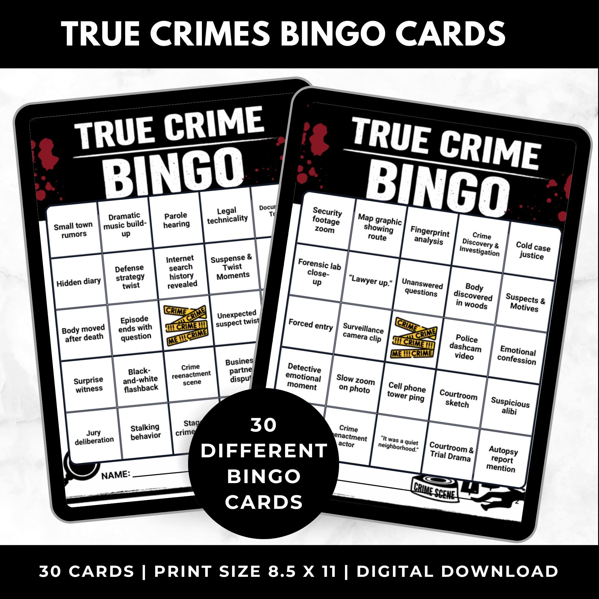 True Crime Bingo Cards Printable –Watch Party Game, Adult Girls Night Activity, Instant Download Crime TV Show Game