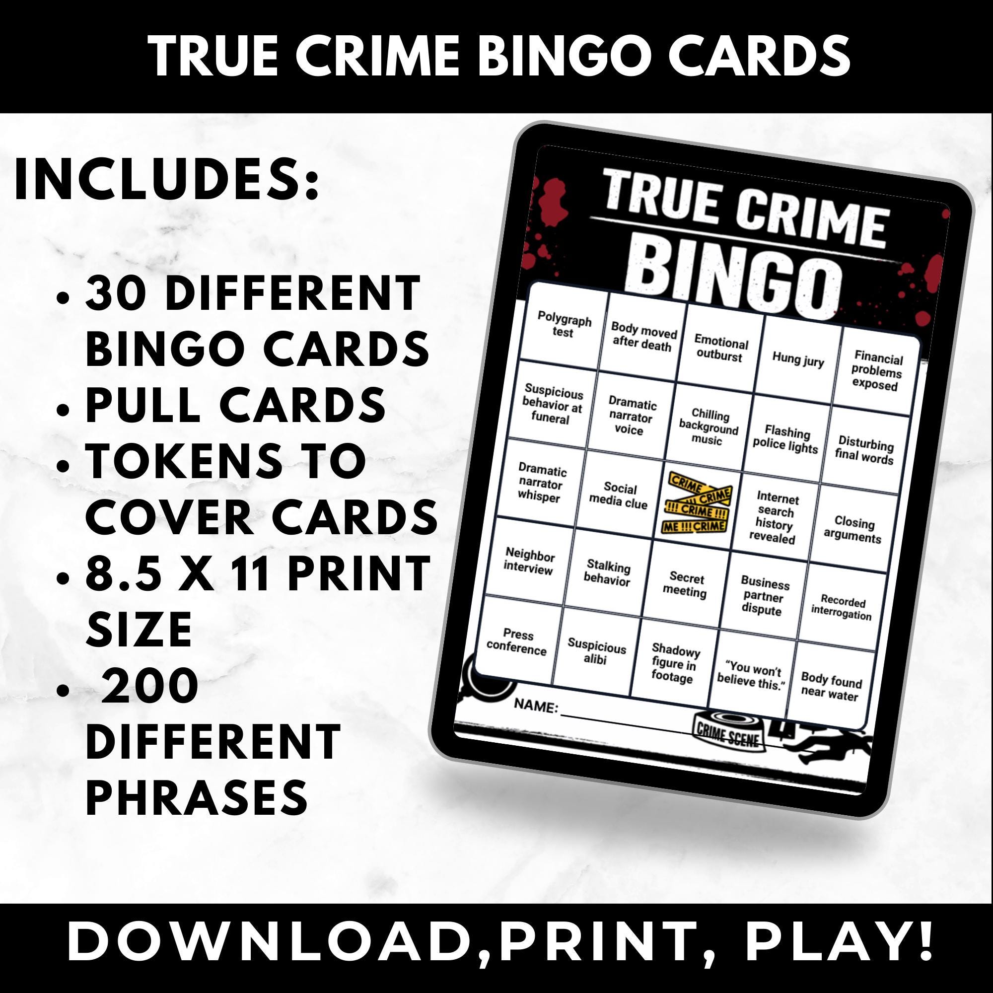 True Crime Bingo Cards Printable –Watch Party Game, Adult Girls Night Activity, Instant Download Crime TV Show Game