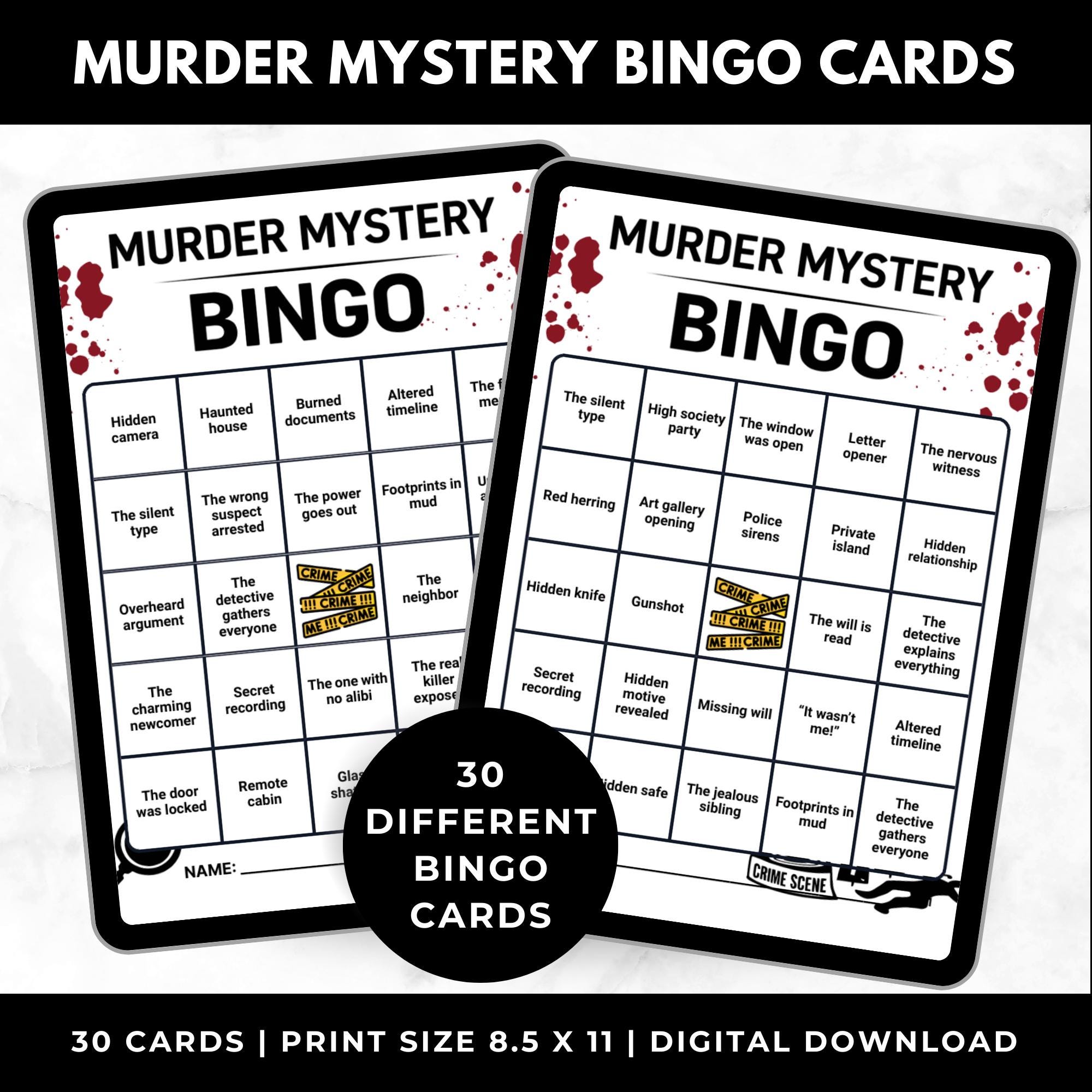 Murder Mystery Bingo Printable – Adult Dinner Party Game, Who Did It Party Activity, Girls Night Game, Instant Download