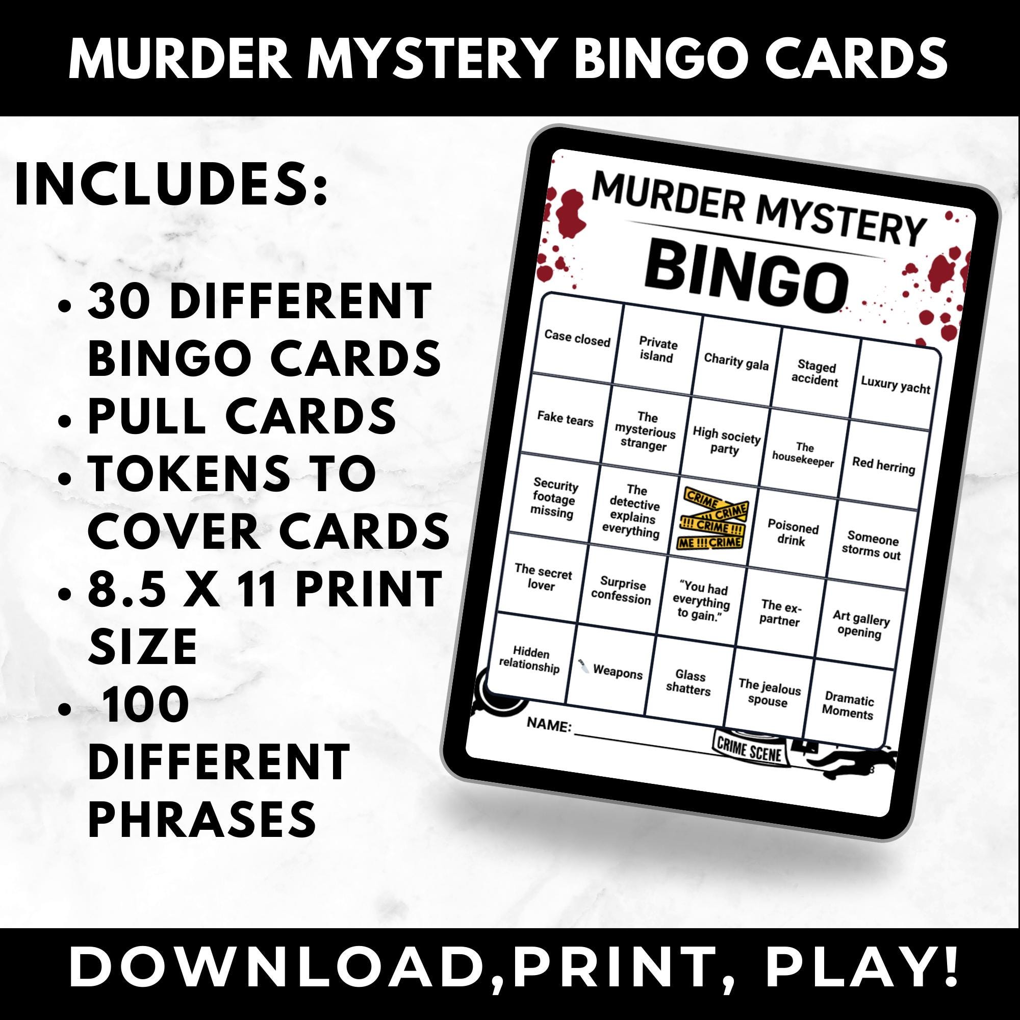 Murder Mystery Bingo Printable – Adult Dinner Party Game, Who Did It Party Activity, Girls Night Game, Instant Download