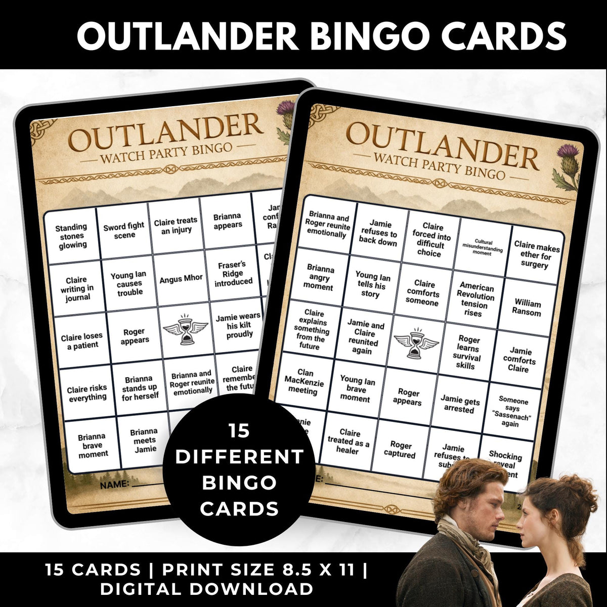 Outlander TV Show Bingo Cards Printable Watch Party Game