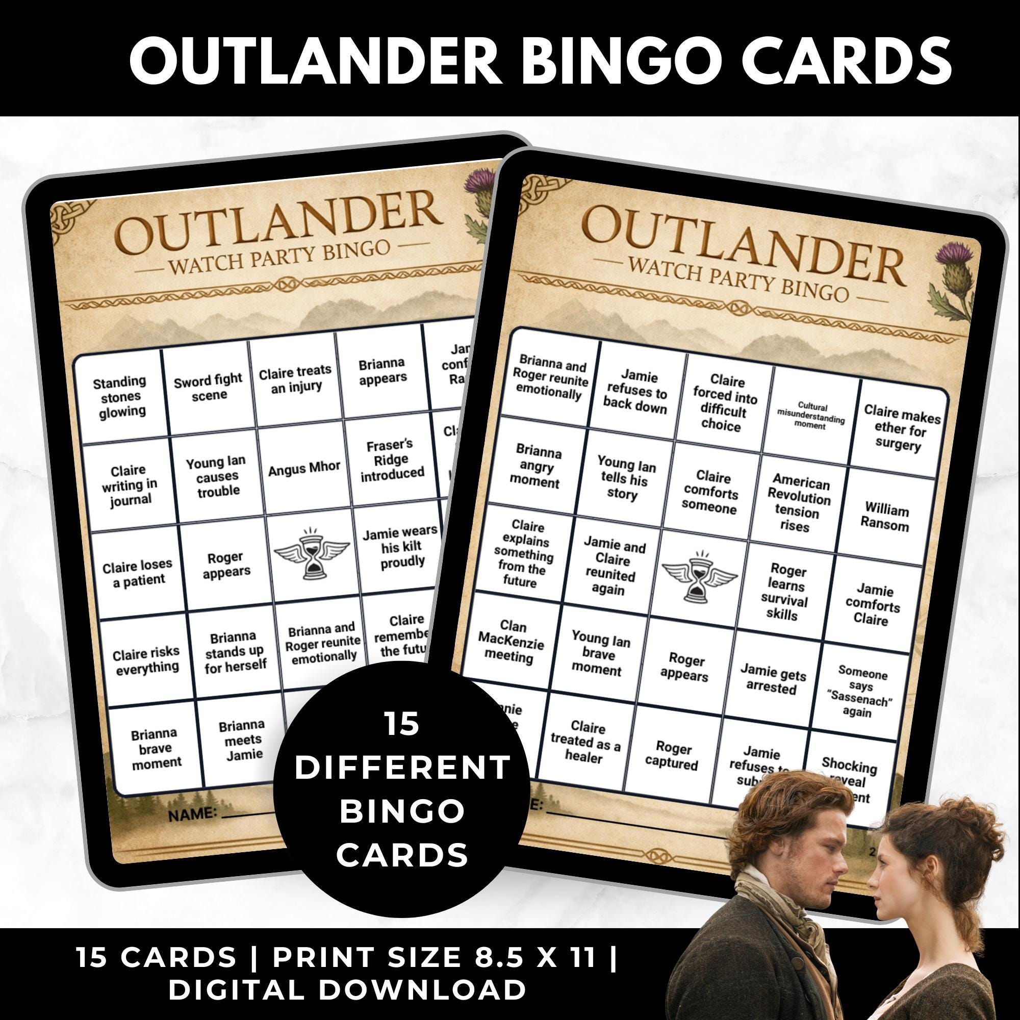 Outlander TV Show Bingo Cards Printable Watch Party Bingo Game | Romance TV Show Game Instant Digital Download