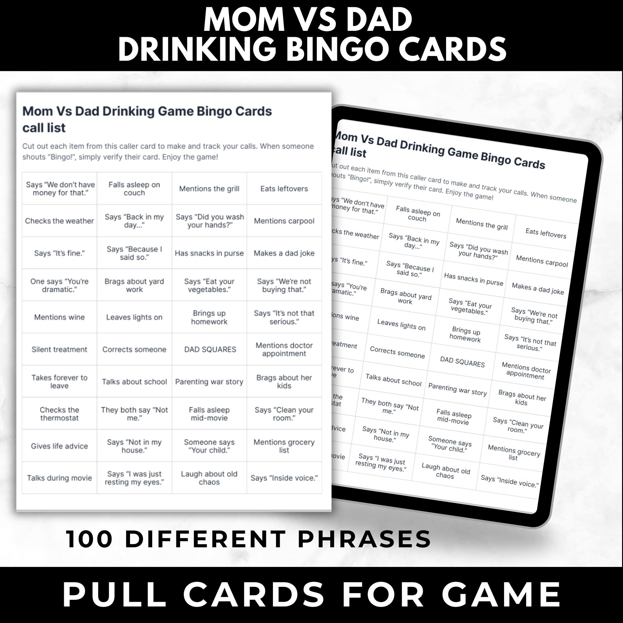 Mom vs Dad Drinking Game Printable – Couples Bingo Party Game, Parents Night Out Activity, Funny Marriage Game, Instant Download