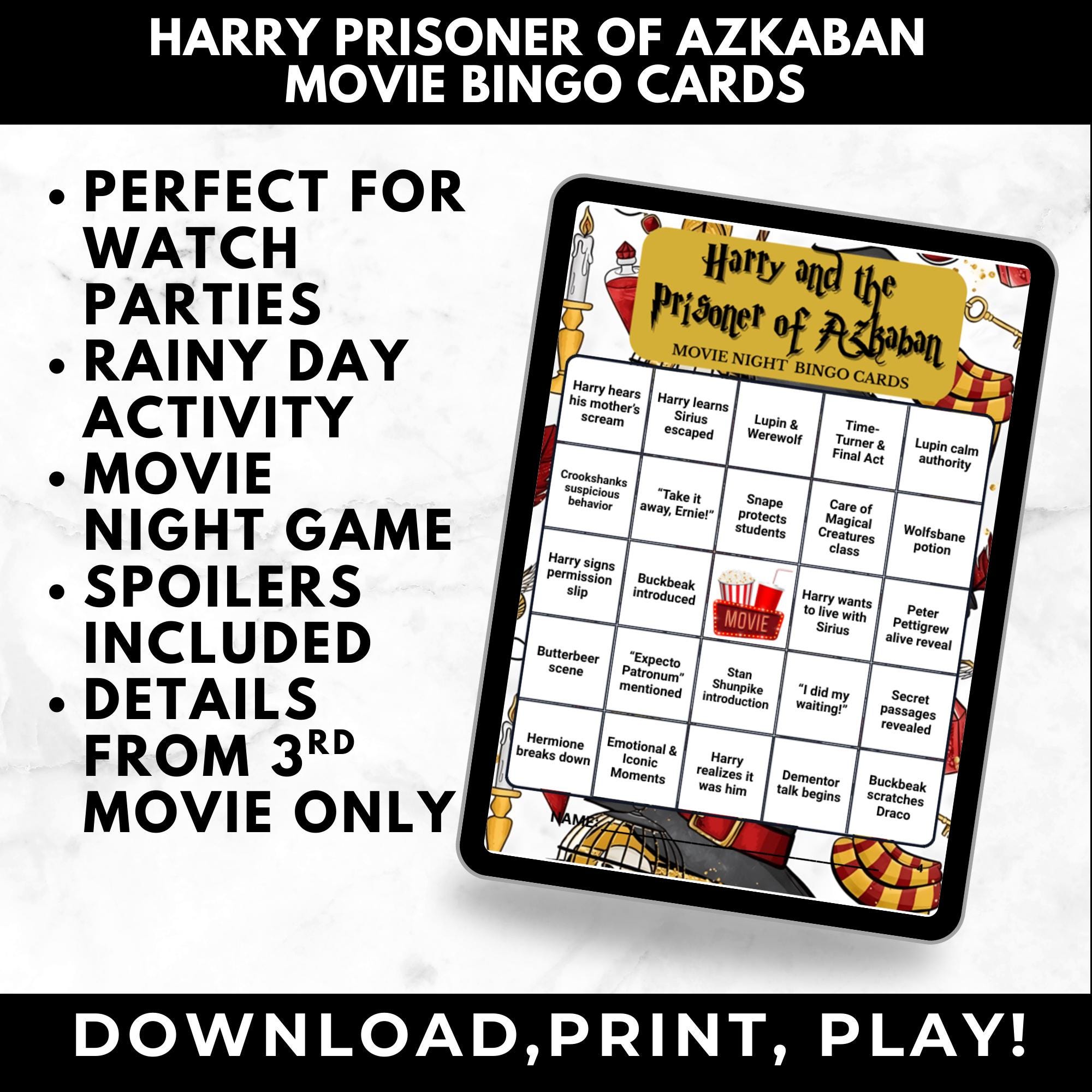 Wizard Movie Bingo Cards Printable – Prisoner of Azkaban Watch Party Game, Fantasy Movie Night Game, Hogwarts Gift Instant Download