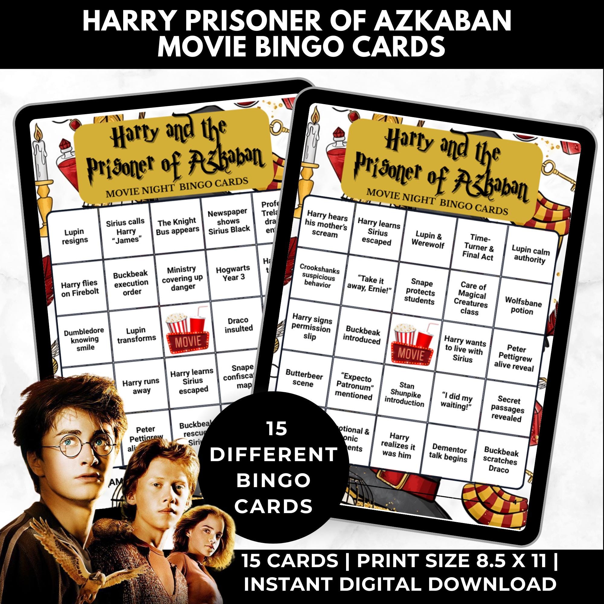 Wizard Movie Bingo Cards Printable – Prisoner of Azkaban Watch Party Game, Fantasy Movie Night Game, Hogwarts Gift Instant Download