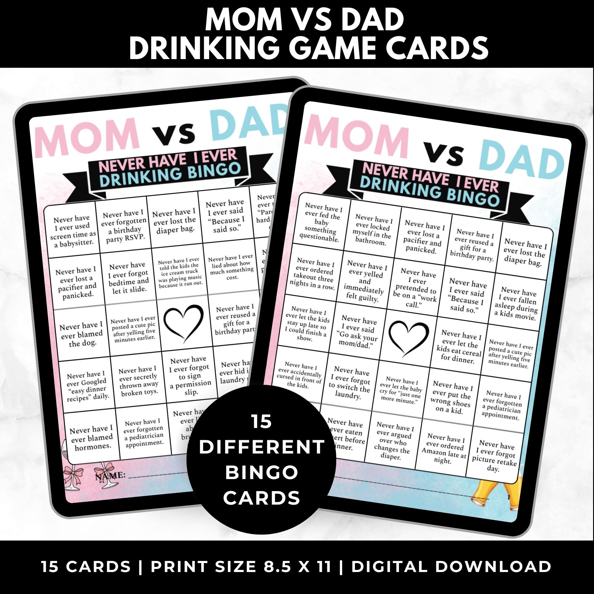Mom vs Dad Never Have I Ever Drinking Game | Couples Party Bingo Game |Parent Game Night Printable | Baby Shower Adult Game Instant Download