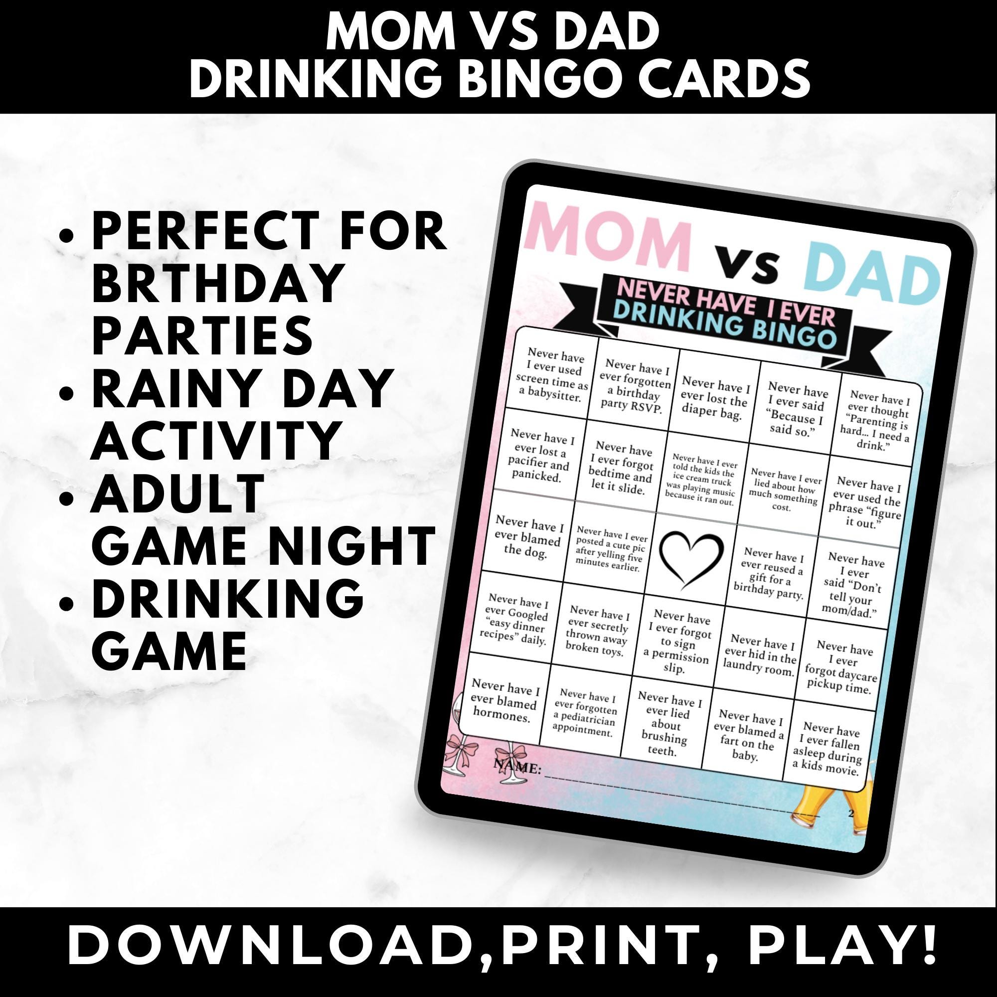 Mom vs Dad Never Have I Ever Drinking Game | Couples Party Bingo Game |Parent Game Night Printable | Baby Shower Adult Game Instant Download