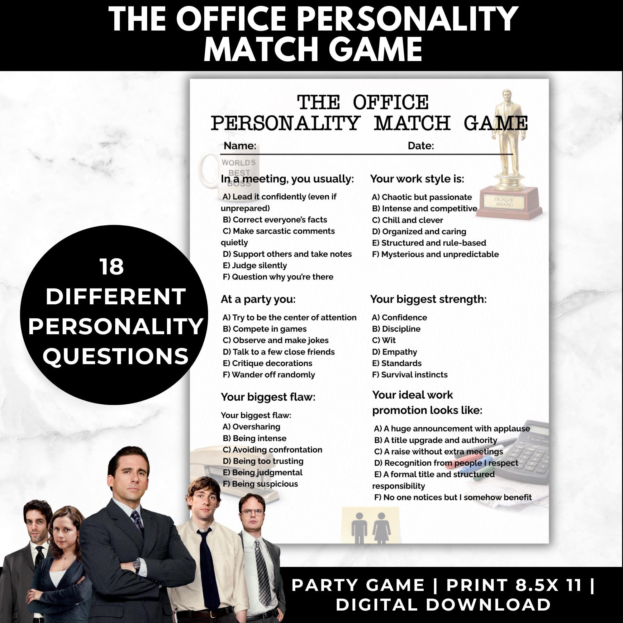 The Office Personality Quiz Game Printable | Adult Party Game | The Office Games | Couples Game Night | TV Show Game | Instant Download