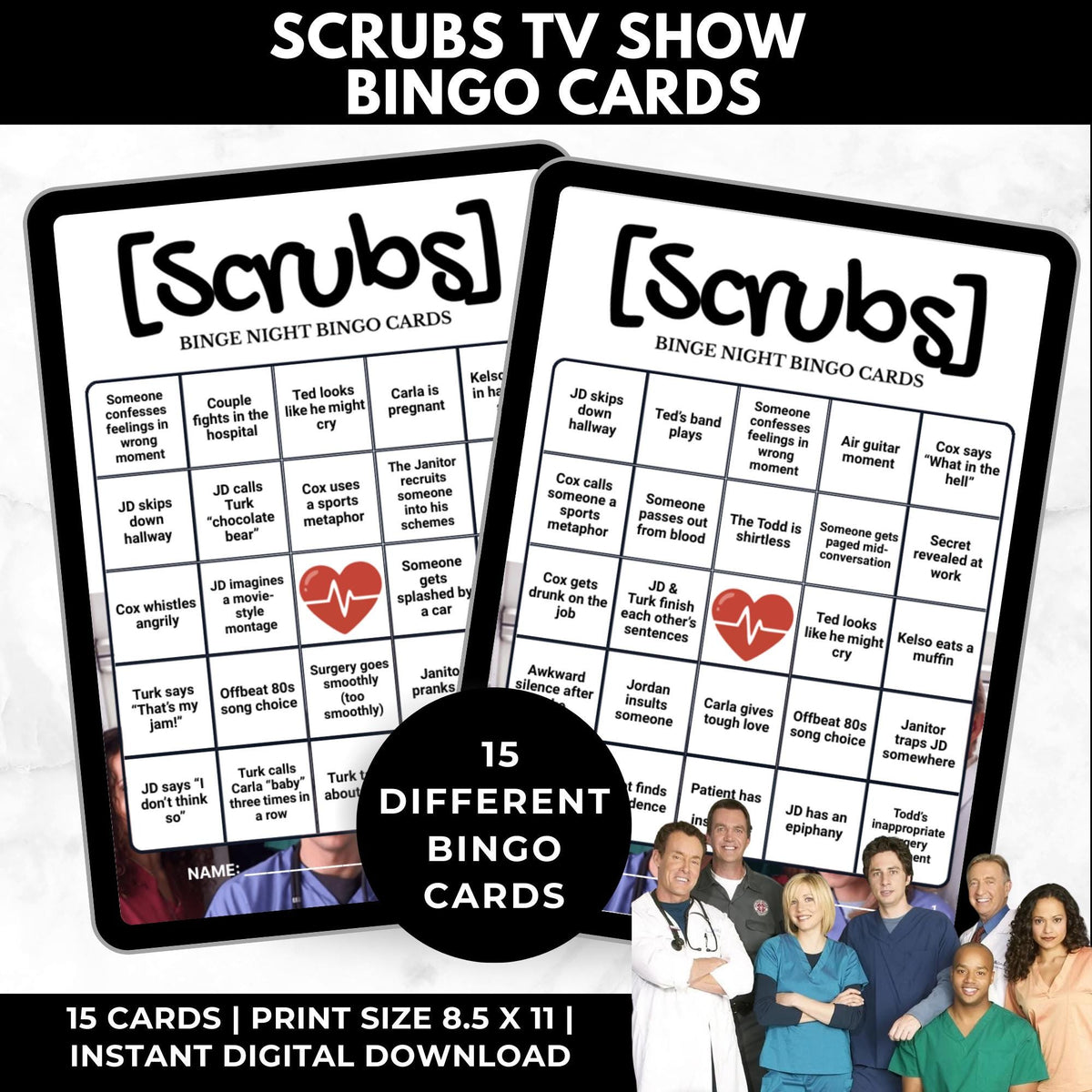 Scrubs TV Show Bingo Cards Watch Party Game