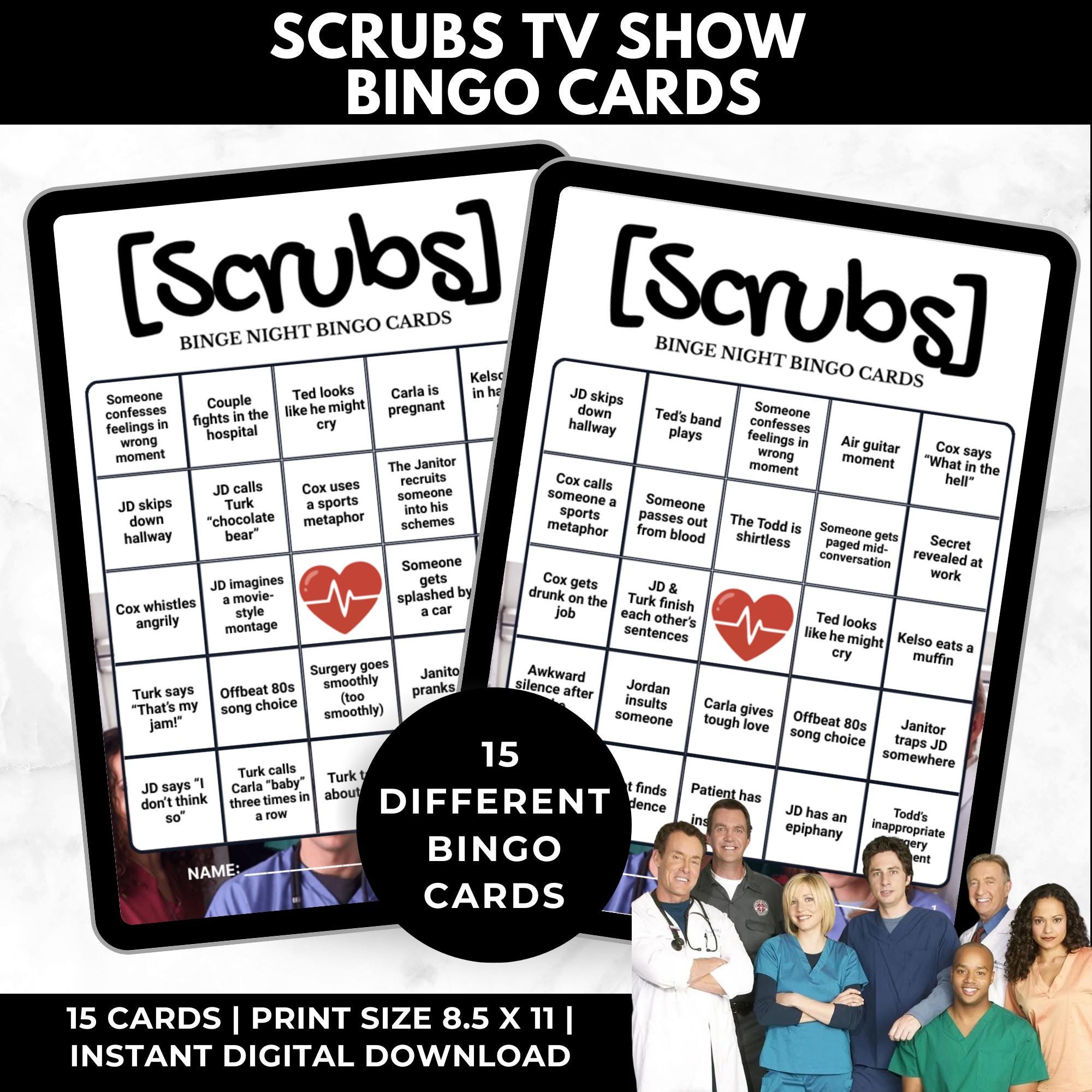 Scrubs TV Show Bingo Game | Adult Bingo Cards | Watch Party Printable | Instant Digital Download | TV Show Party Game | Scrubs Fan Gift