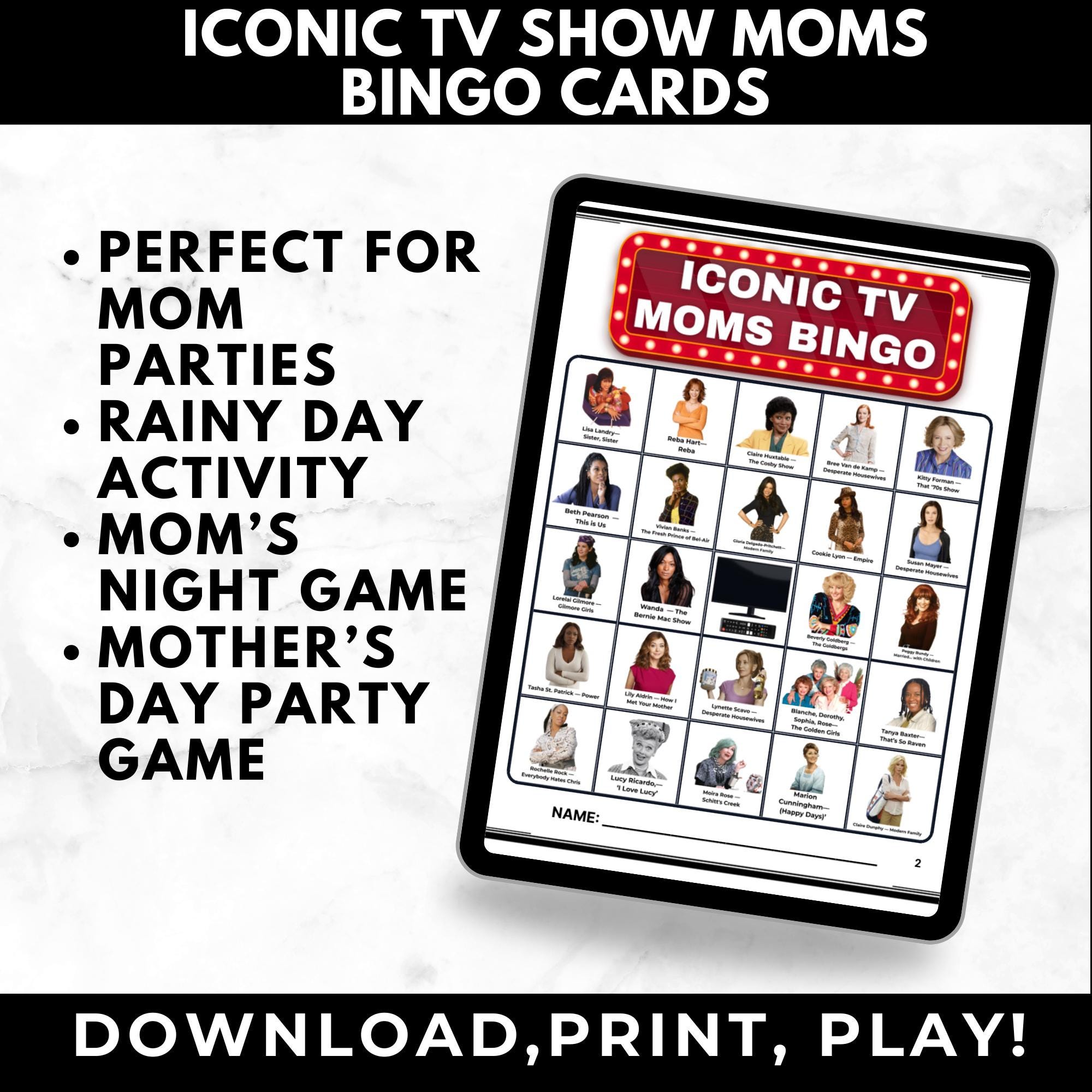 Iconic TV Show Moms Bingo Cards for Mother's Day Party Game for Adults | Mom Birthday Game