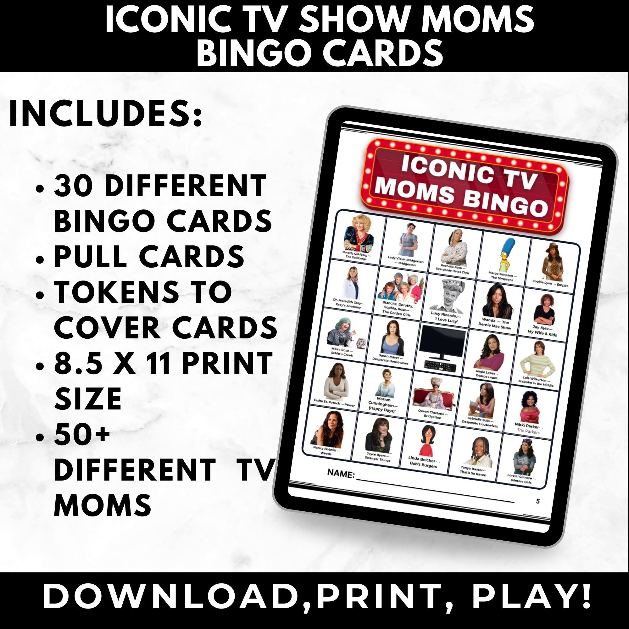 Iconic TV Show Moms Bingo Cards for Mother's Day Party Game for Adults | Mom Birthday Game