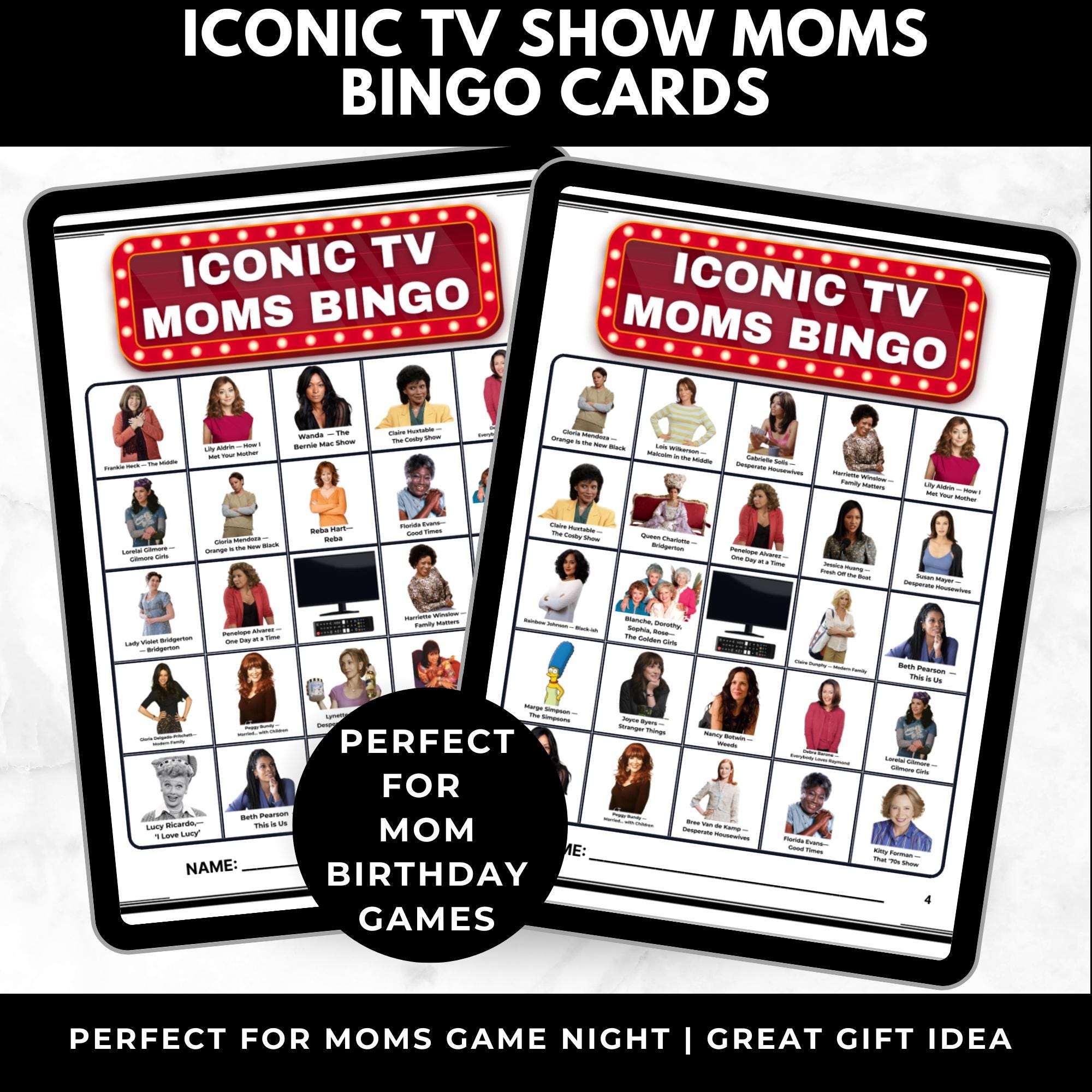 Iconic TV Show Moms Bingo Cards for Mother's Day Party Game for Adults | Mom Birthday Game