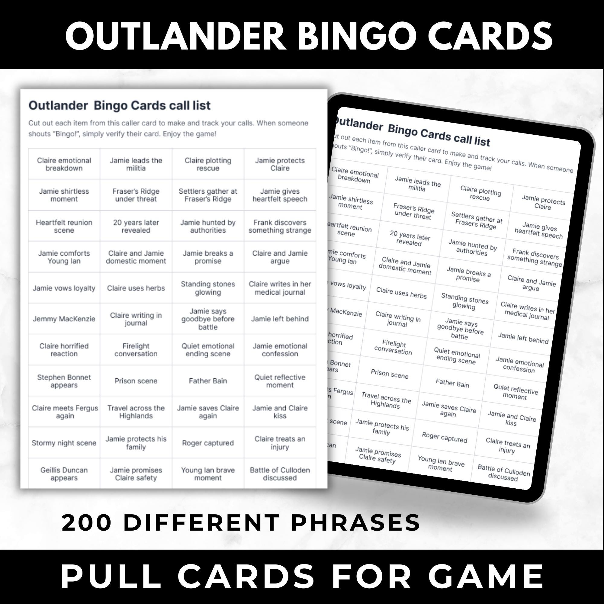 Outlander TV Show Bingo Cards Printable Watch Party Bingo Game | Romance TV Show Game Instant Digital Download