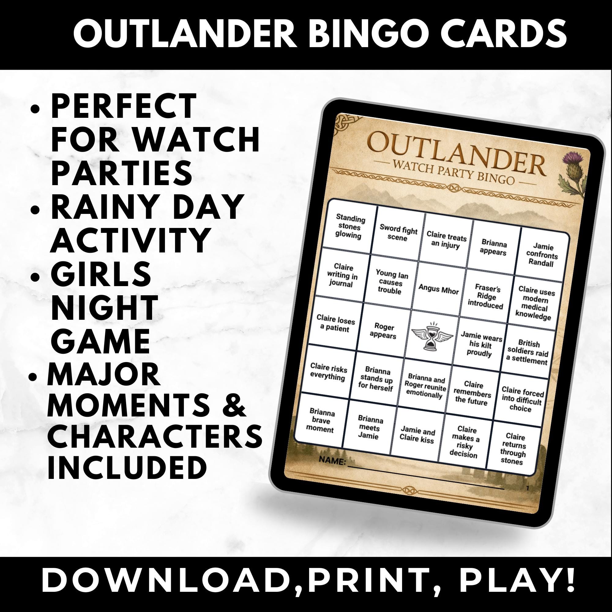 Outlander TV Show Bingo Cards Printable Watch Party Bingo Game | Romance TV Show Game Instant Digital Download