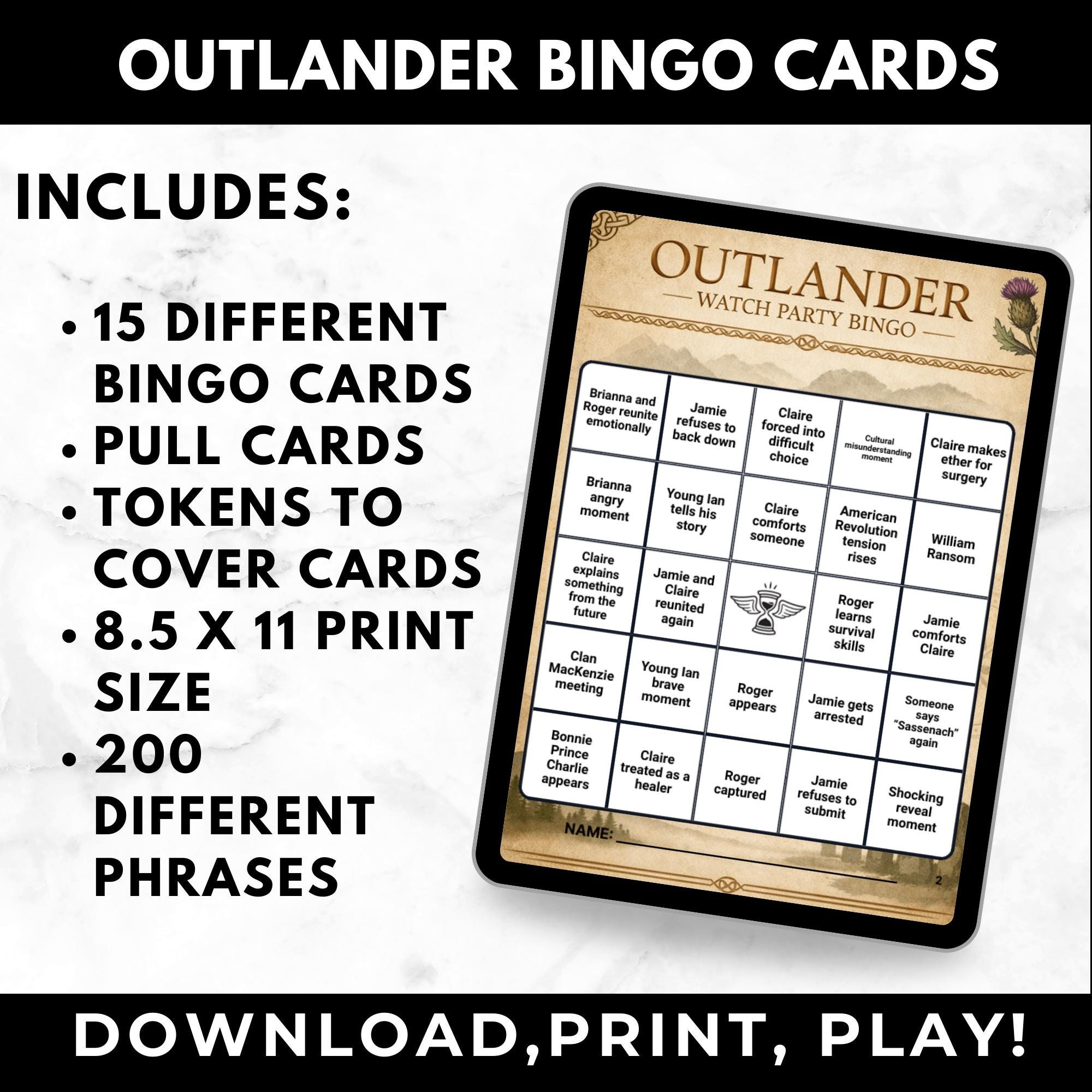 Outlander TV Show Bingo Cards Printable Watch Party Bingo Game | Romance TV Show Game Instant Digital Download
