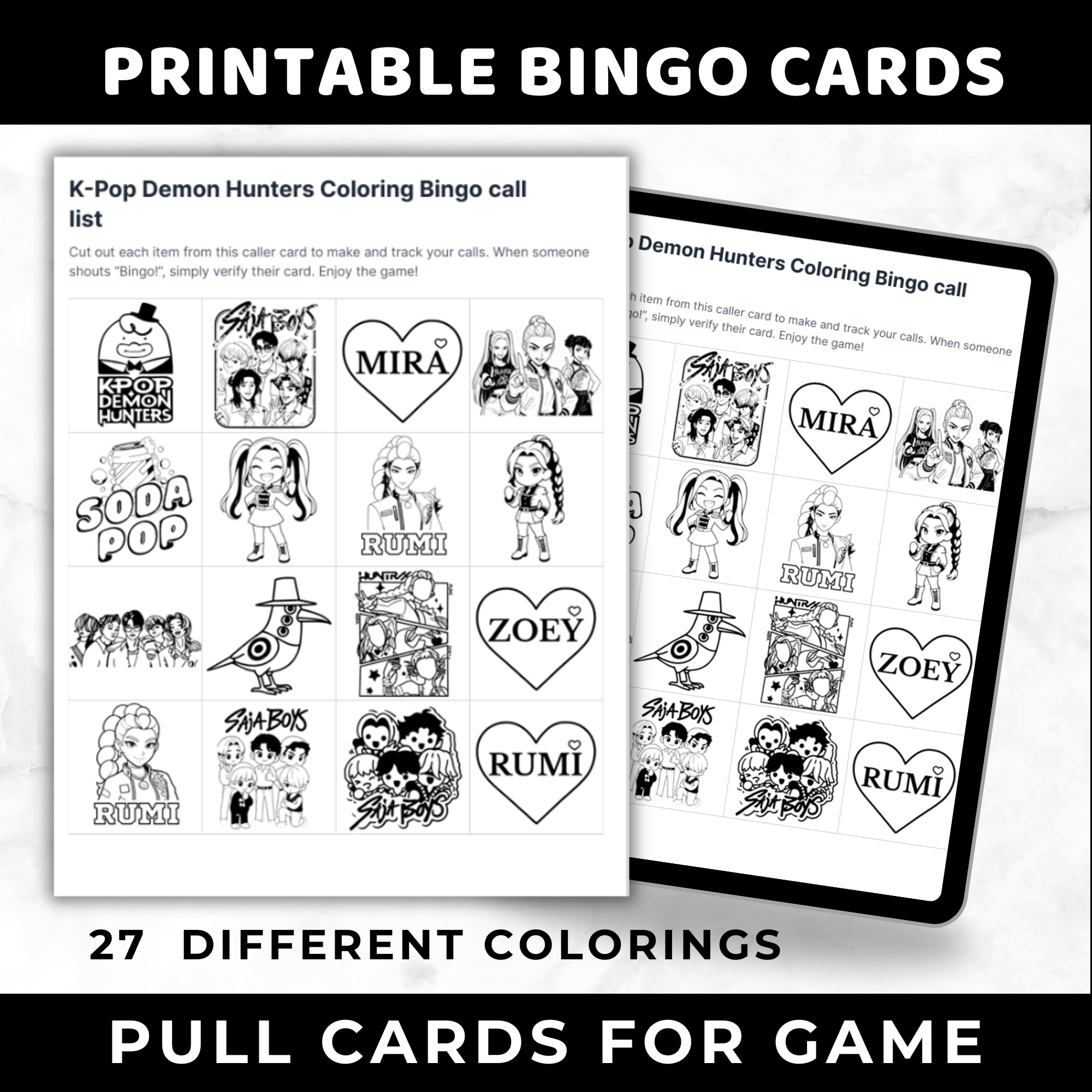 K-Pop Demon Hunter Coloring Bingo Cards | K-Pop Coloring Activity