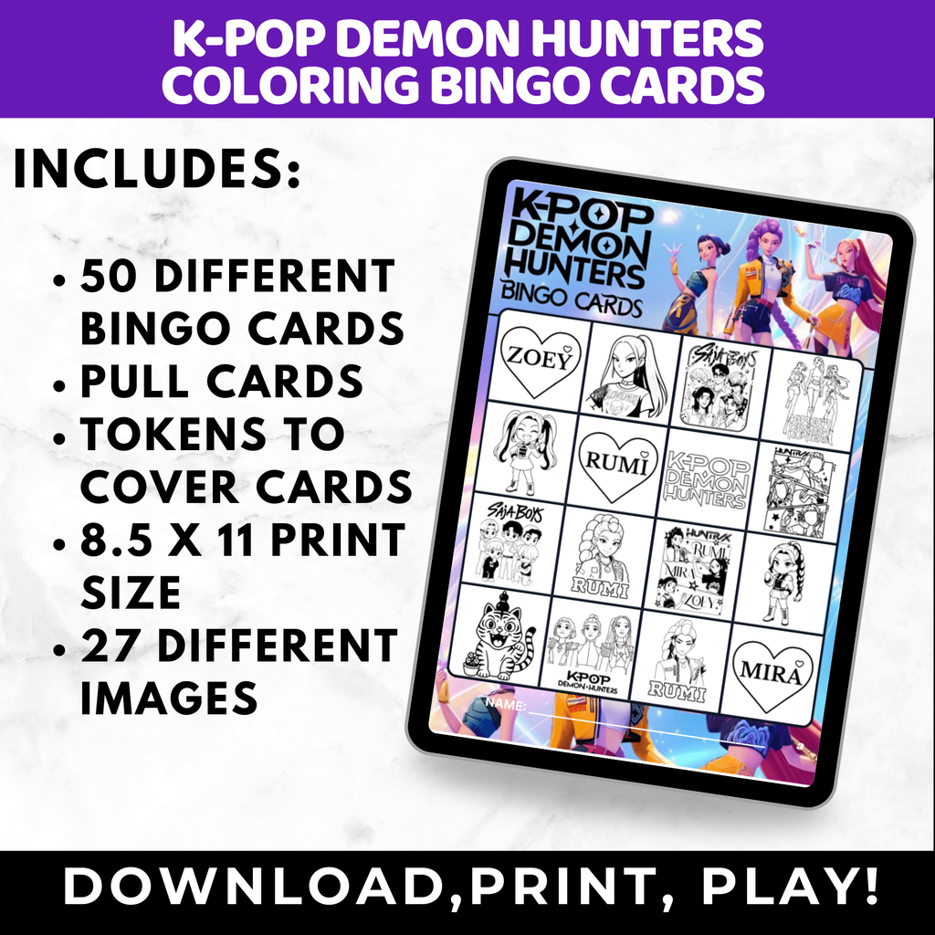 K-Pop Demon Hunter Coloring Bingo Cards | K-Pop Coloring Activity