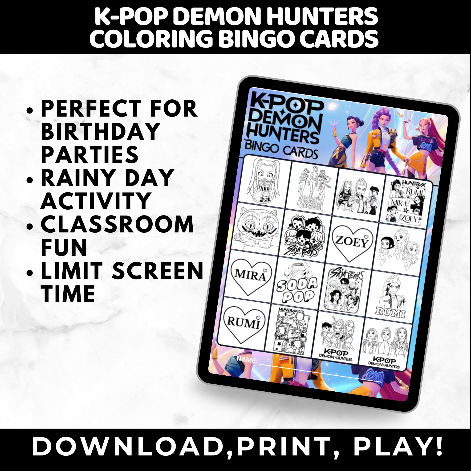 K-Pop Demon Hunter Coloring Bingo Cards | K-Pop Coloring Activity