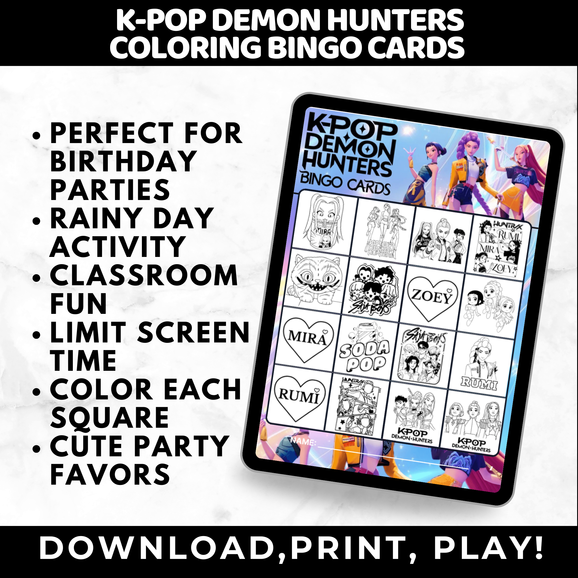 K-Pop Demon Hunter Coloring Bingo Cards | K-Pop Coloring Activity