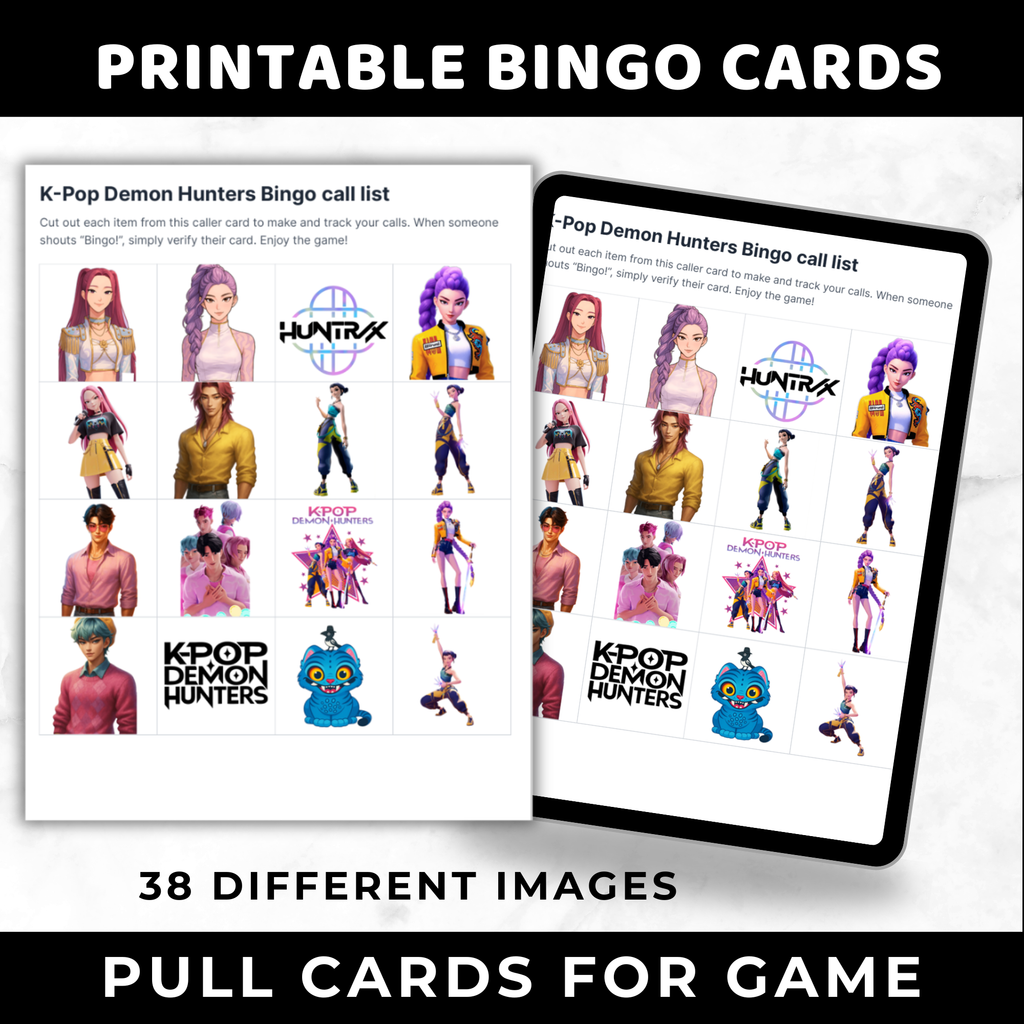 k-pop demon hunters bingo cards, printable k-pop demon hunters birthday games 