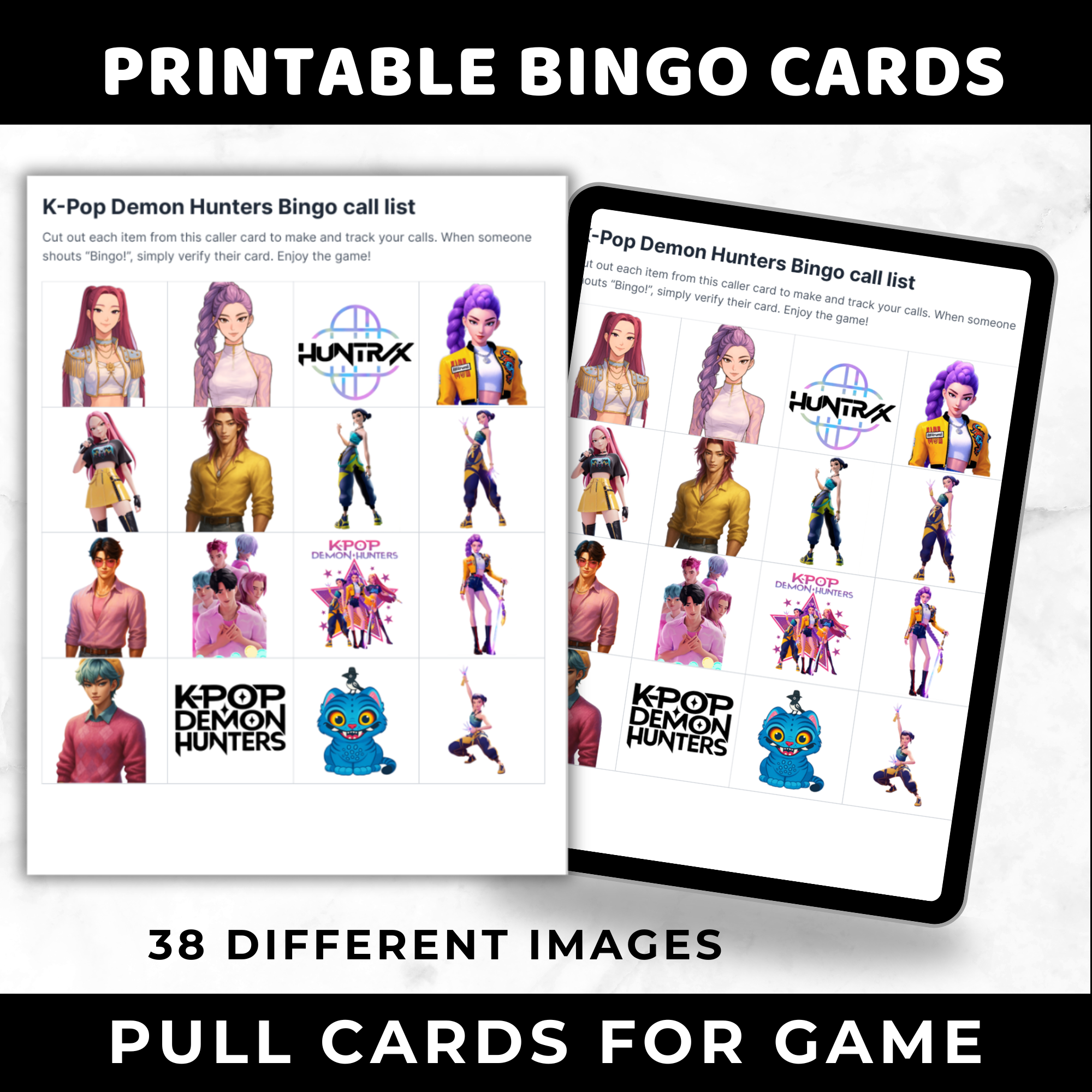 k-pop demon hunters bingo cards, printable k-pop demon hunters birthday games 