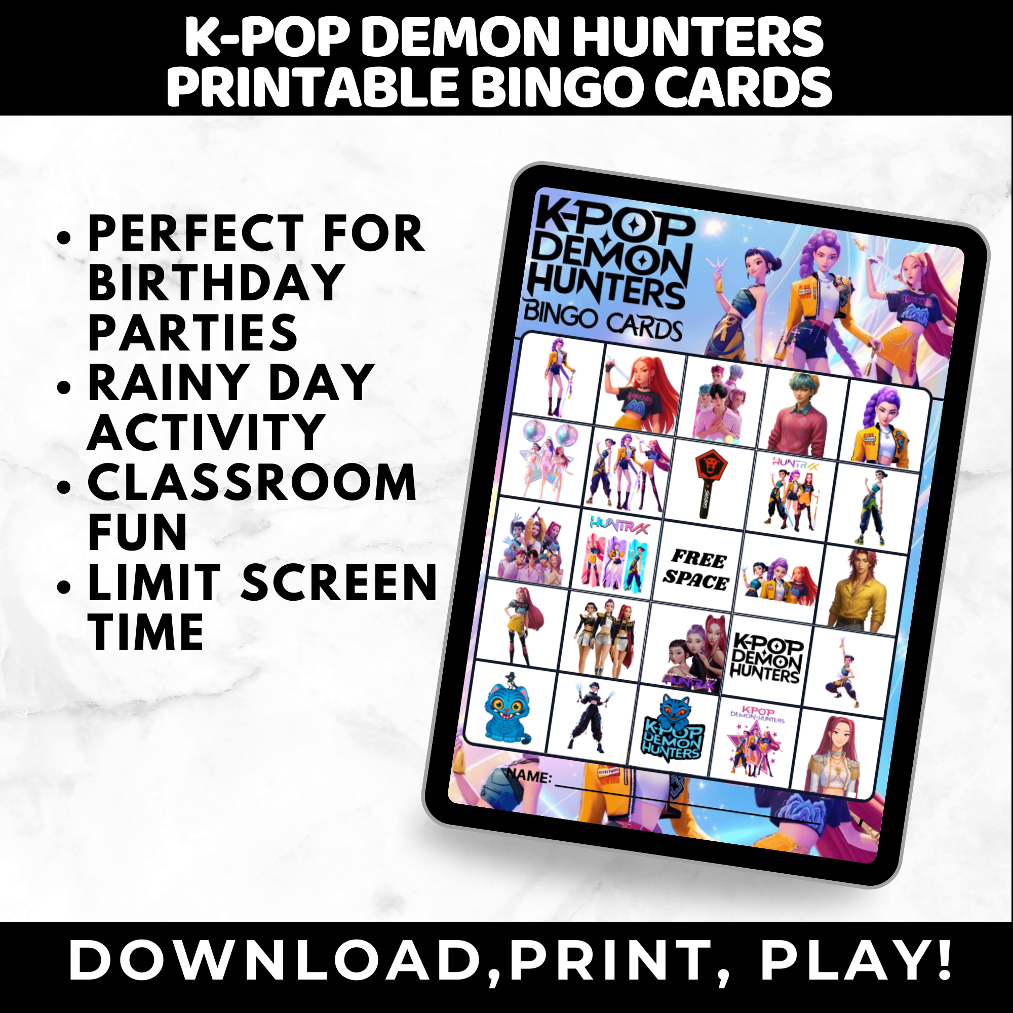 k-pop demon hunters bingo cards, printable k-pop demon hunters birthday games 
