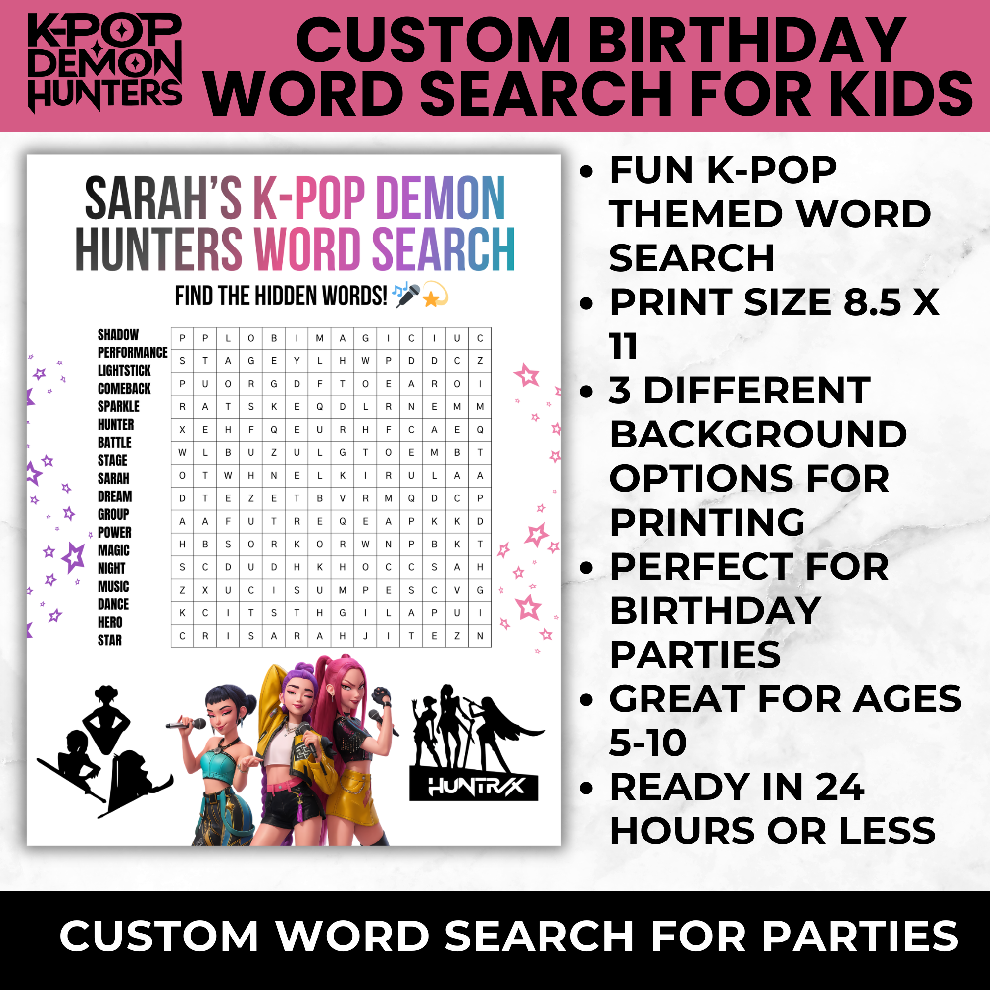 Personalized K-Pop Demon Hunters Word Search for Kids Birthday Party | Printable Kpop Party Game for Girls |