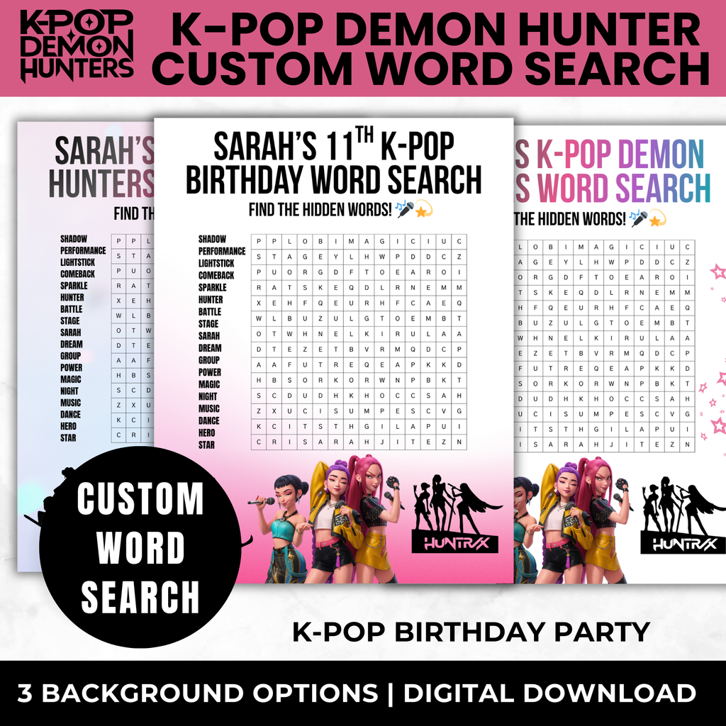 Personalized K-Pop Demon Hunters Word Search for Kids Birthday Party | Printable Kpop Party Game for Girls |
