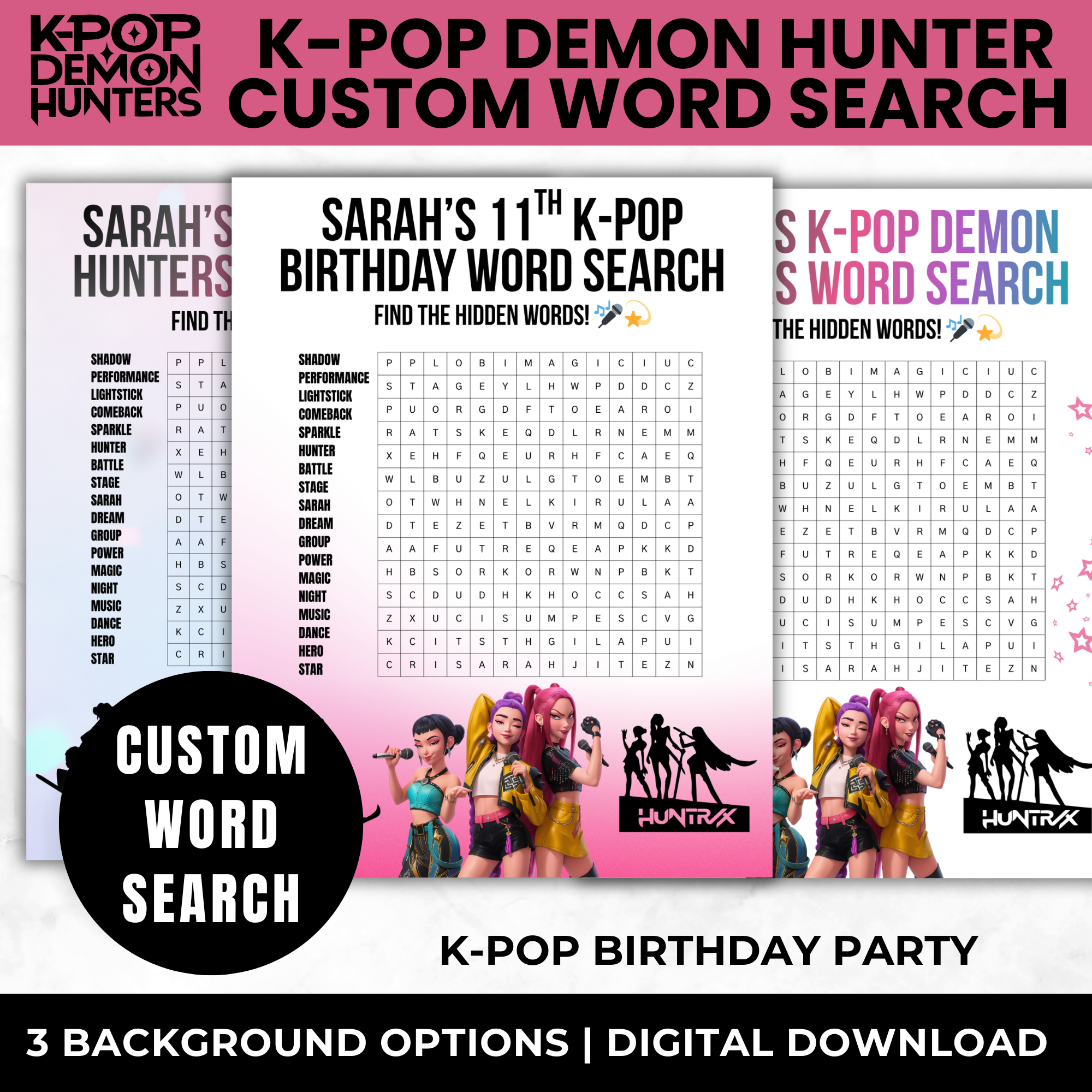 Personalized K-Pop Demon Hunters Word Search for Kids Birthday Party | Printable Kpop Party Game for Girls |
