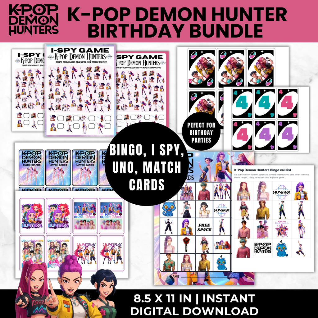 K-Pop Demon Hunters Birthday Party Games Bundle | Bingo, UNO Cards, Memory Match, I Spy Printable