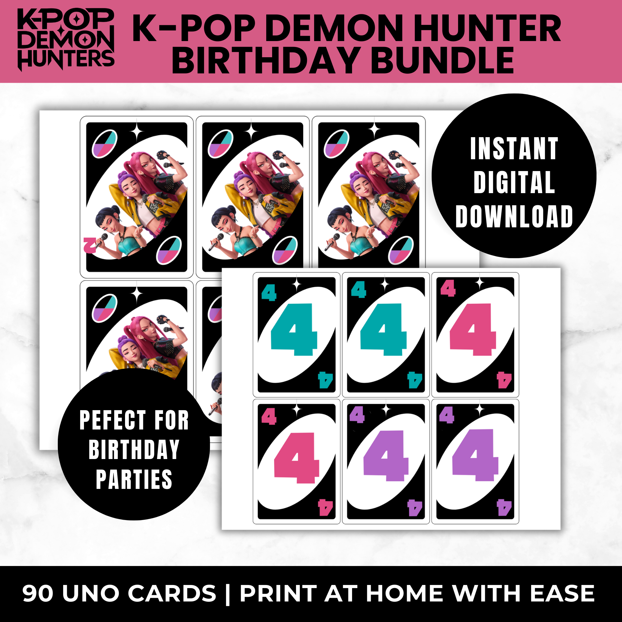 K-Pop Demon Hunters Birthday Party Games Bundle | Bingo, UNO Cards, Memory Match, I Spy Printable