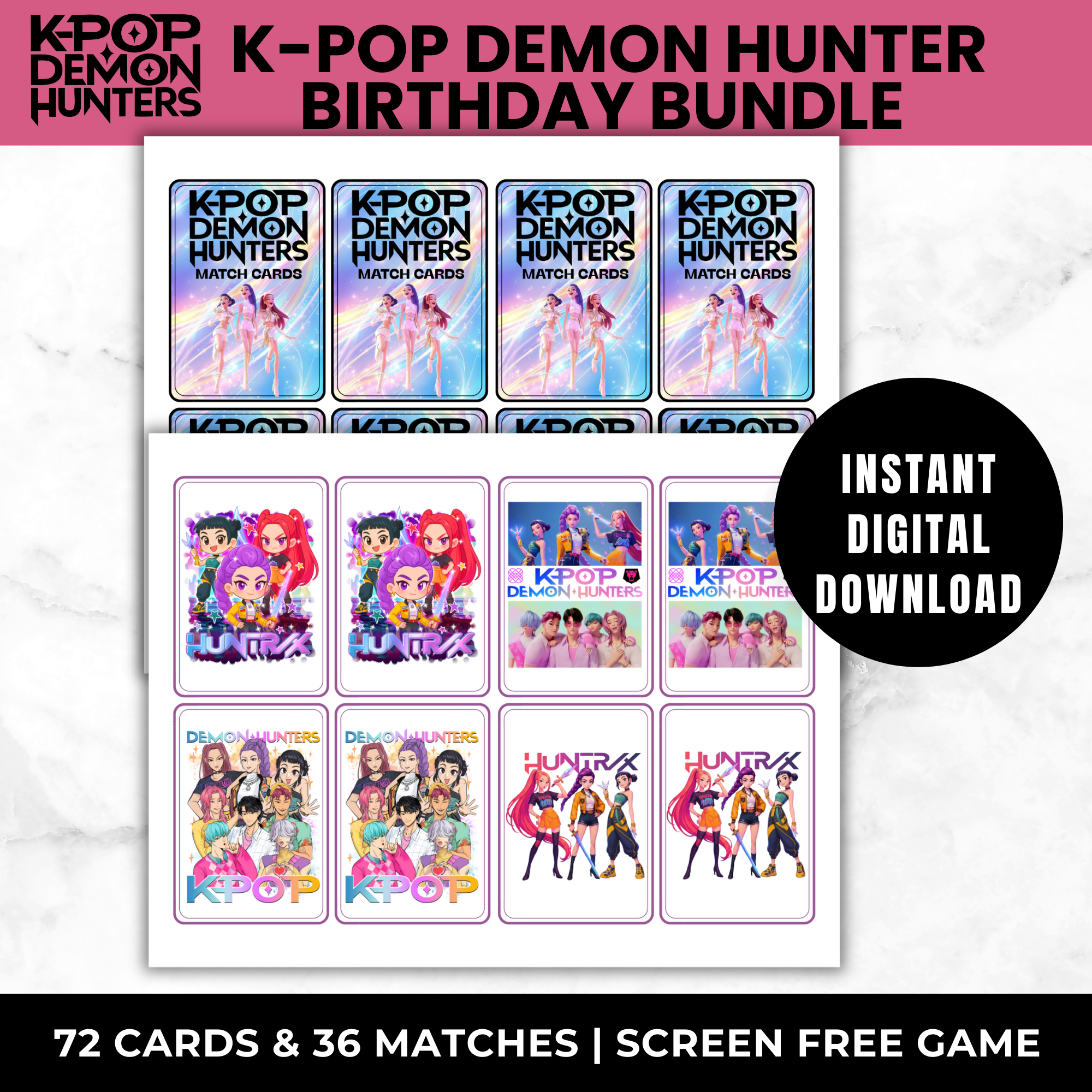 K-Pop Demon Hunters Birthday Party Games Bundle | Bingo, UNO Cards, Memory Match, I Spy Printable