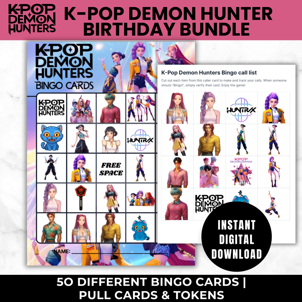 K-Pop Demon Hunters Birthday Party Games Bundle | Bingo, UNO Cards, Memory Match, I Spy Printable