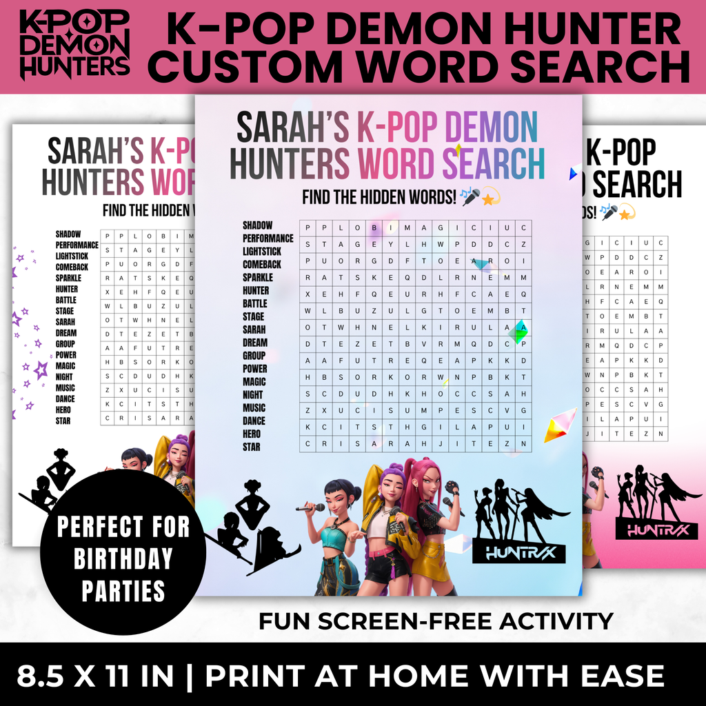 Personalized K-Pop Demon Hunters Word Search for Kids Birthday Party | Printable Kpop Party Game for Girls |
